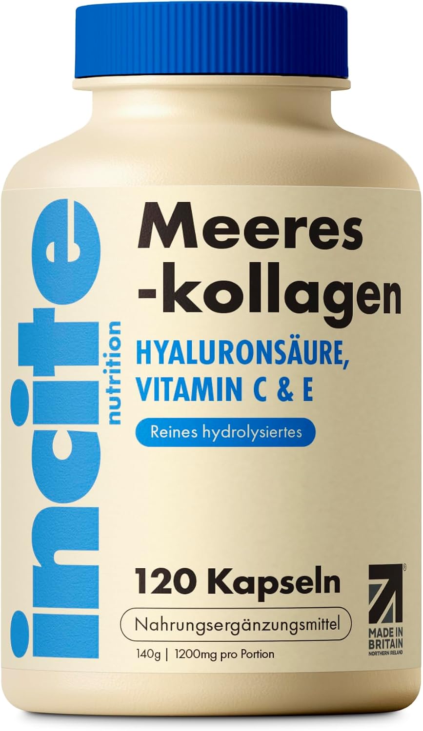 Detalle de Incite Nutrition Meereskollagen Typ 1 hydrolysiert mit Vitaminen C, E, B12, Kupfer, Zink & Jod – 1.200 mg, 120 Stück