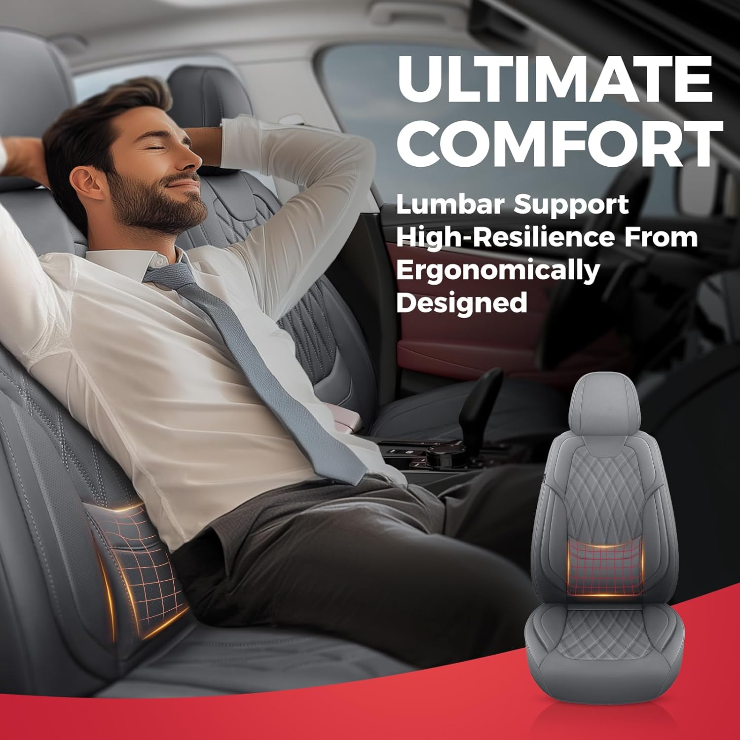 Thumbnail 5 de FREESOO Gray Car Seat Cover Full Set with Lumbar Support – Faux Nappa Leather, Breathable, Waterproof