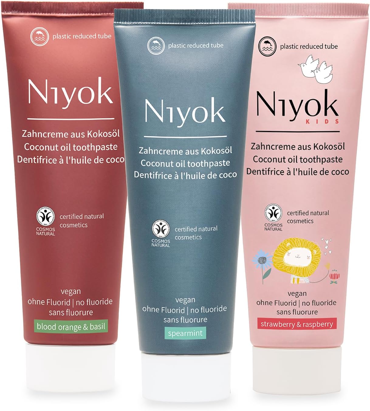 Detalle de Niyok Dentifricio al Bio Olio di Cocco Mix di Sapori – 3 x 75 ml, Senza Fluoro, Vegan