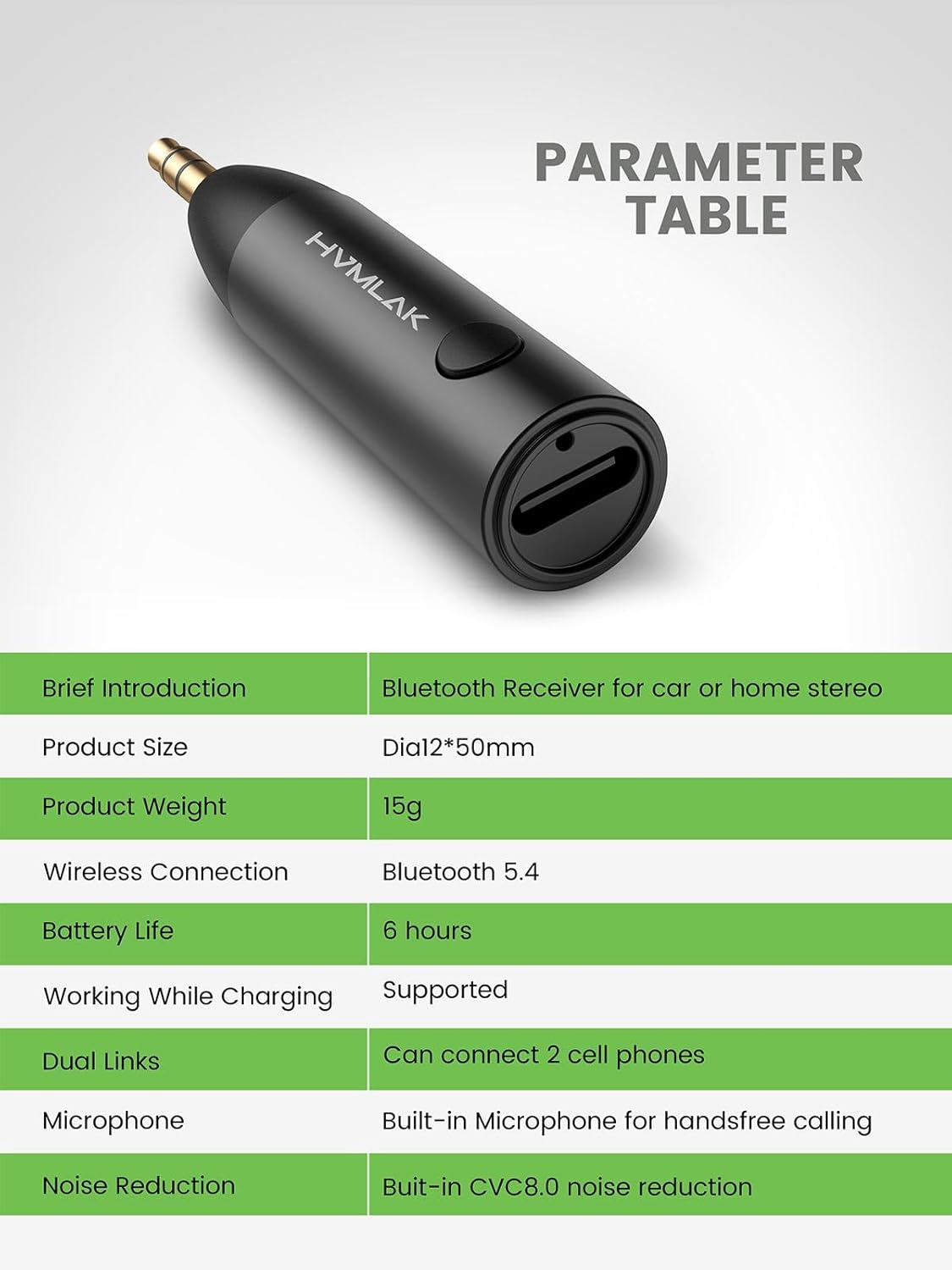 Detalle 2 de HVMLAK Aux Bluetooth Adapter Auto – Bluetooth 5.4, Klinke 3,5, Mikrofon & CD-Klangqualität