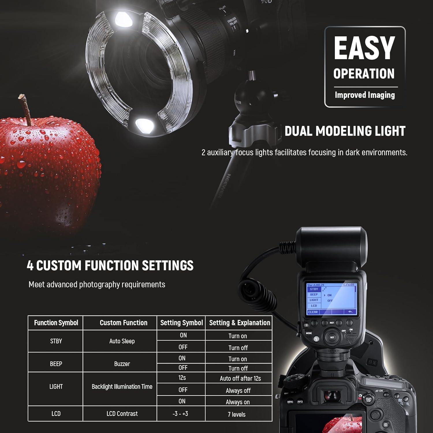 Thumbnail 6 de NEEWER RF1-C Flash Annulaire Macro pour Canon, 76W GN15 5600K, compatible E-TTL, synchronisation avant/arrière