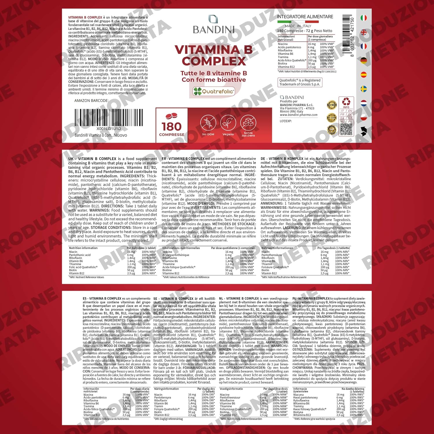 Detalle de BANDINI Vitamine B-complex, 180 veganistische tabletten met Quatrefolic®