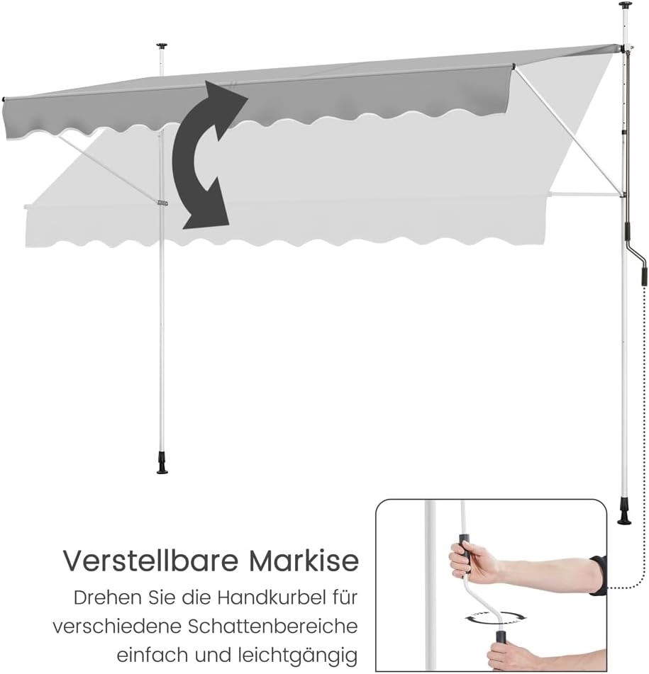 Thumbnail 6 de Yaheetech Klemmmarkise 300 cm breit mit Handkurbel – Balkonmarkise ohne Bohren, höhenverstellbar (210–300 cm) in Hellgrau