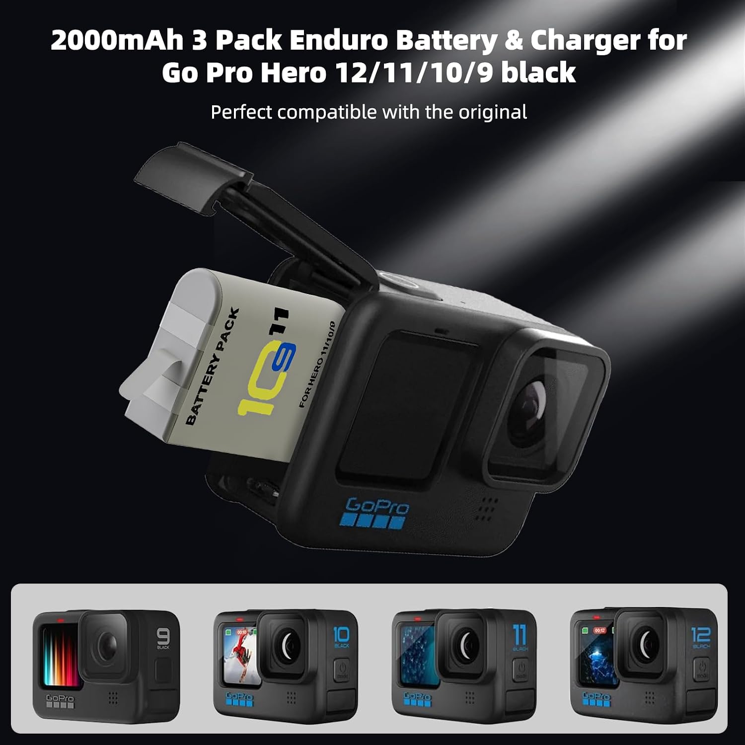 Thumbnail 1 de F1TP 2000mAh 3-pack batteries for GoPro Hero 12/11/10/9