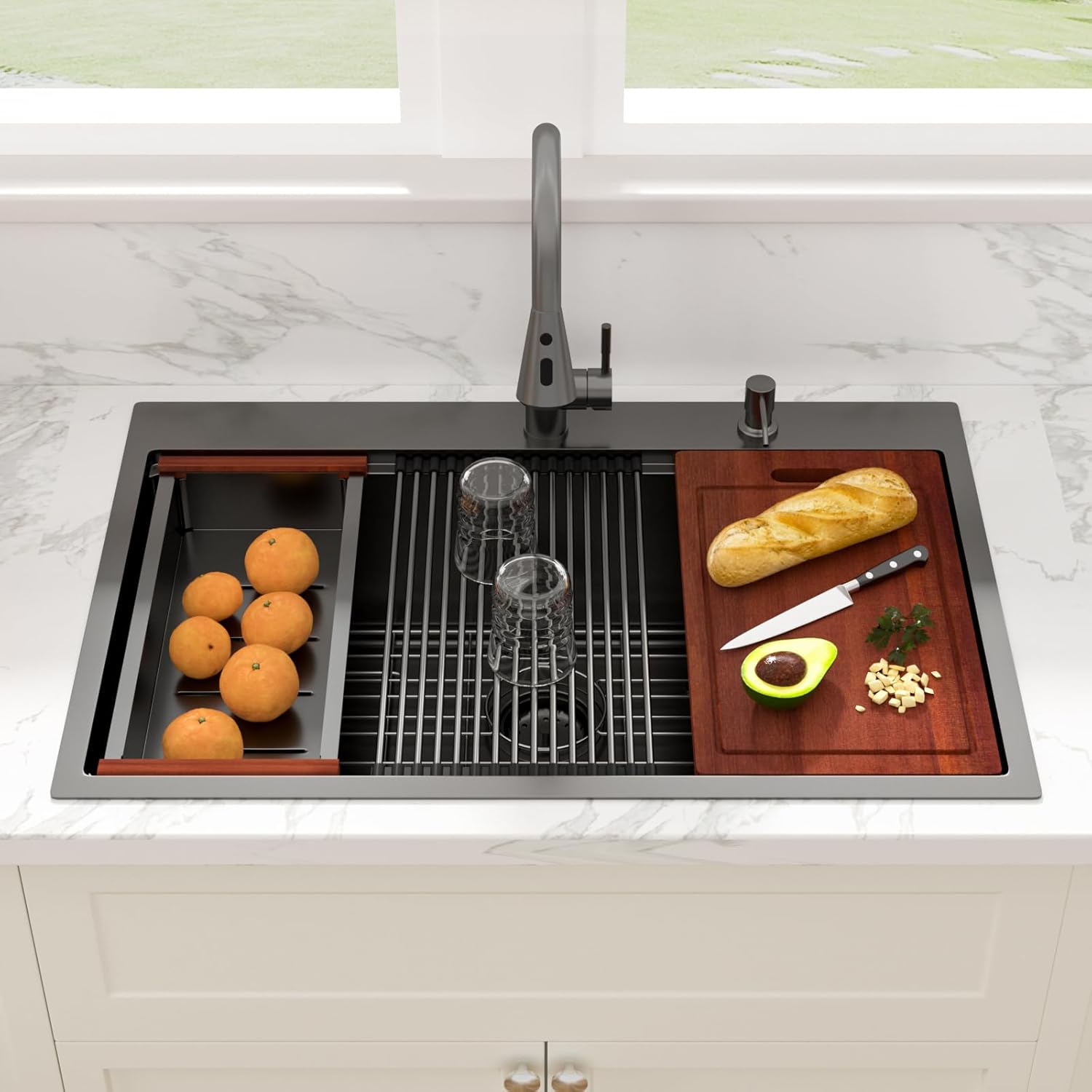 Thumbnail 1 de Sarlai 33 Black Kitchen Sink with Faucet – 33x22 Inch Drop-In, Gunmetal Black, 16-Gauge Stainless Steel, Workstation with Pull-Out Faucet