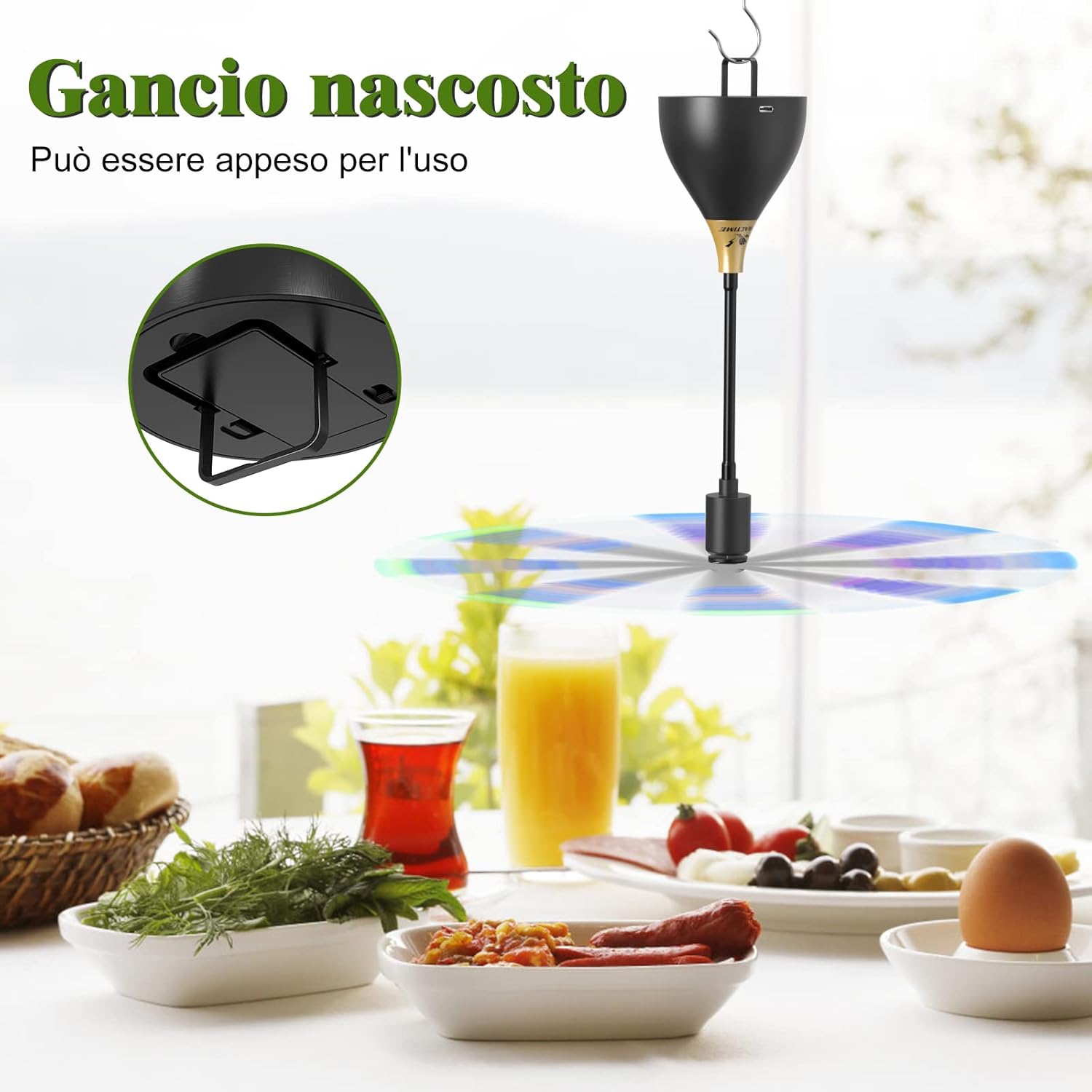 Detalle 2 de TMACTIME Repellente per Mosche: Ventilatore 2-in-1 portatile per esterni, 3 repellenti e funzione di appendimento