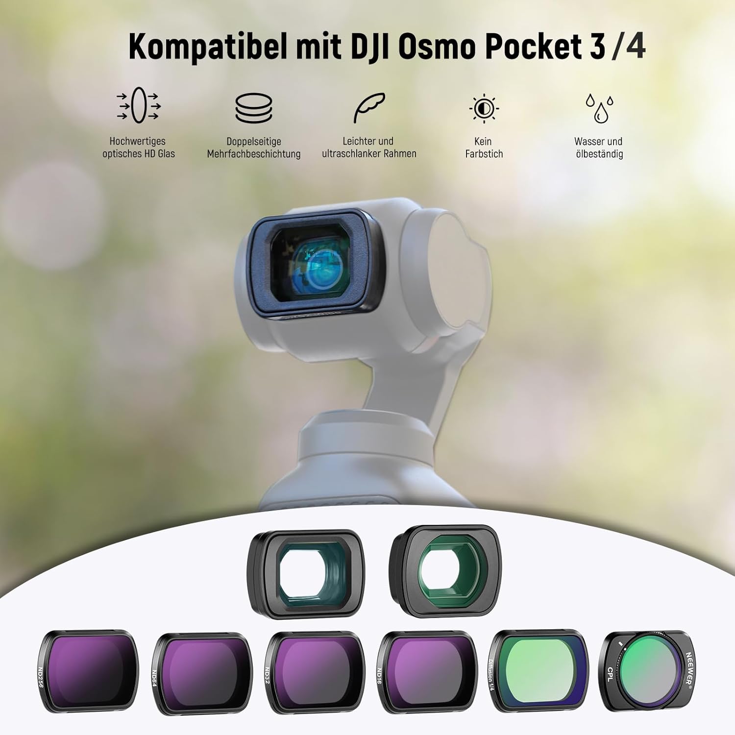 Detalle de NEEWER ND Filterset für DJI Osmo Pocket 3/4 – ND-Filter, CPL, Black Diffusion, Weitwinkel & Makro, Displayschutz im Paket