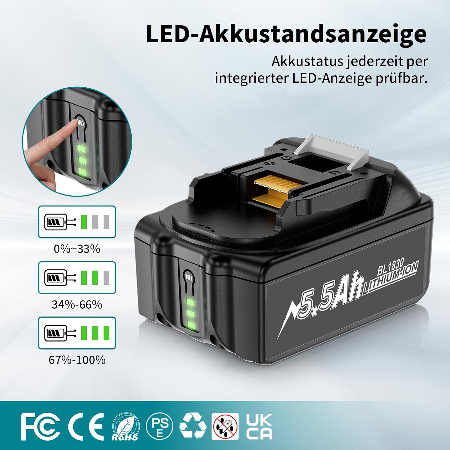 Detalle de 2 x 5500 mAh Makita 18V Ersatzakku – robustes Hochkapazitäts-Upgrade mit LED-Anzeige