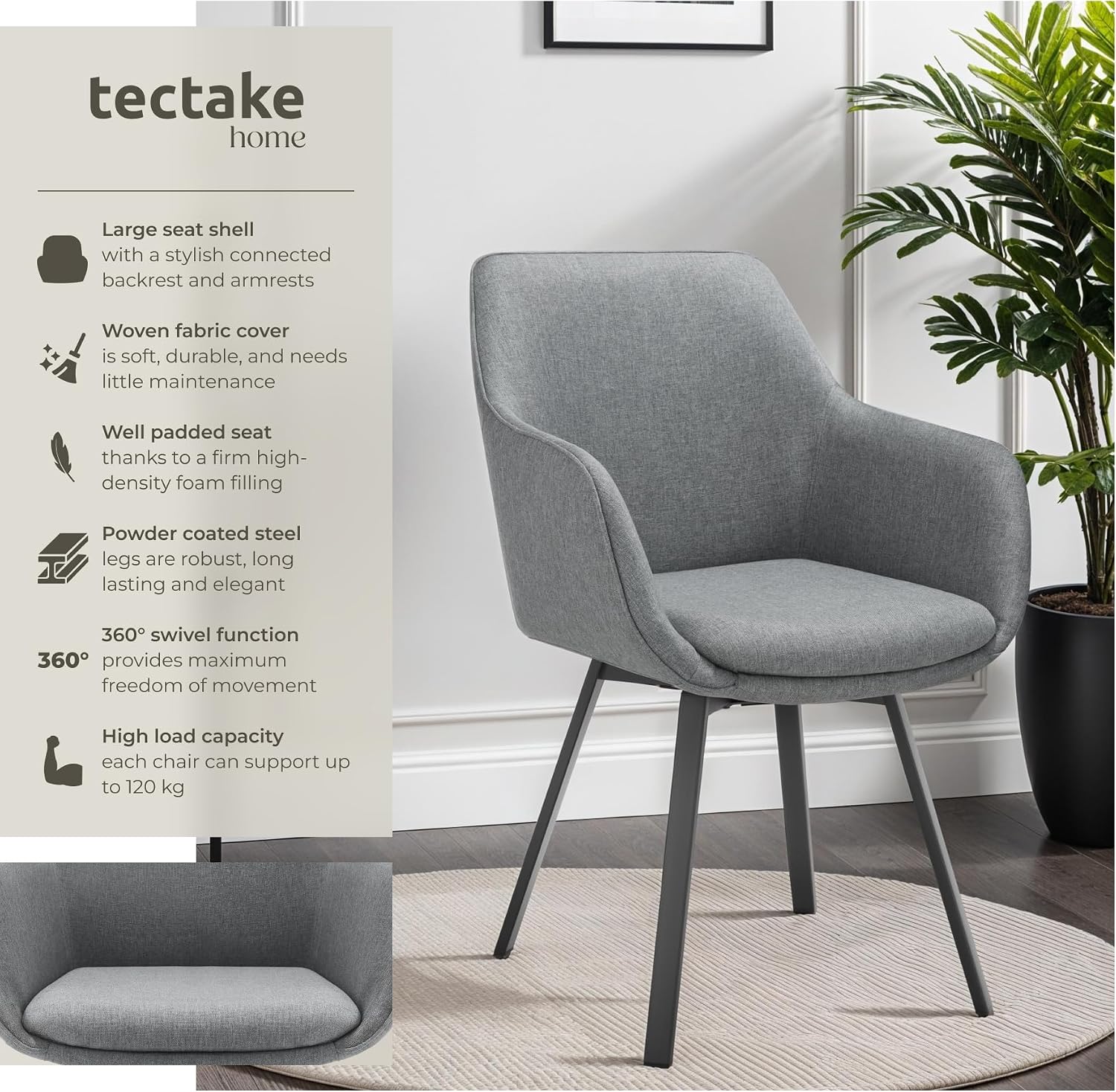 Detalle de tectake Alicon 405482 matstolar, 4-pack med armstöd och 360°-snurr
