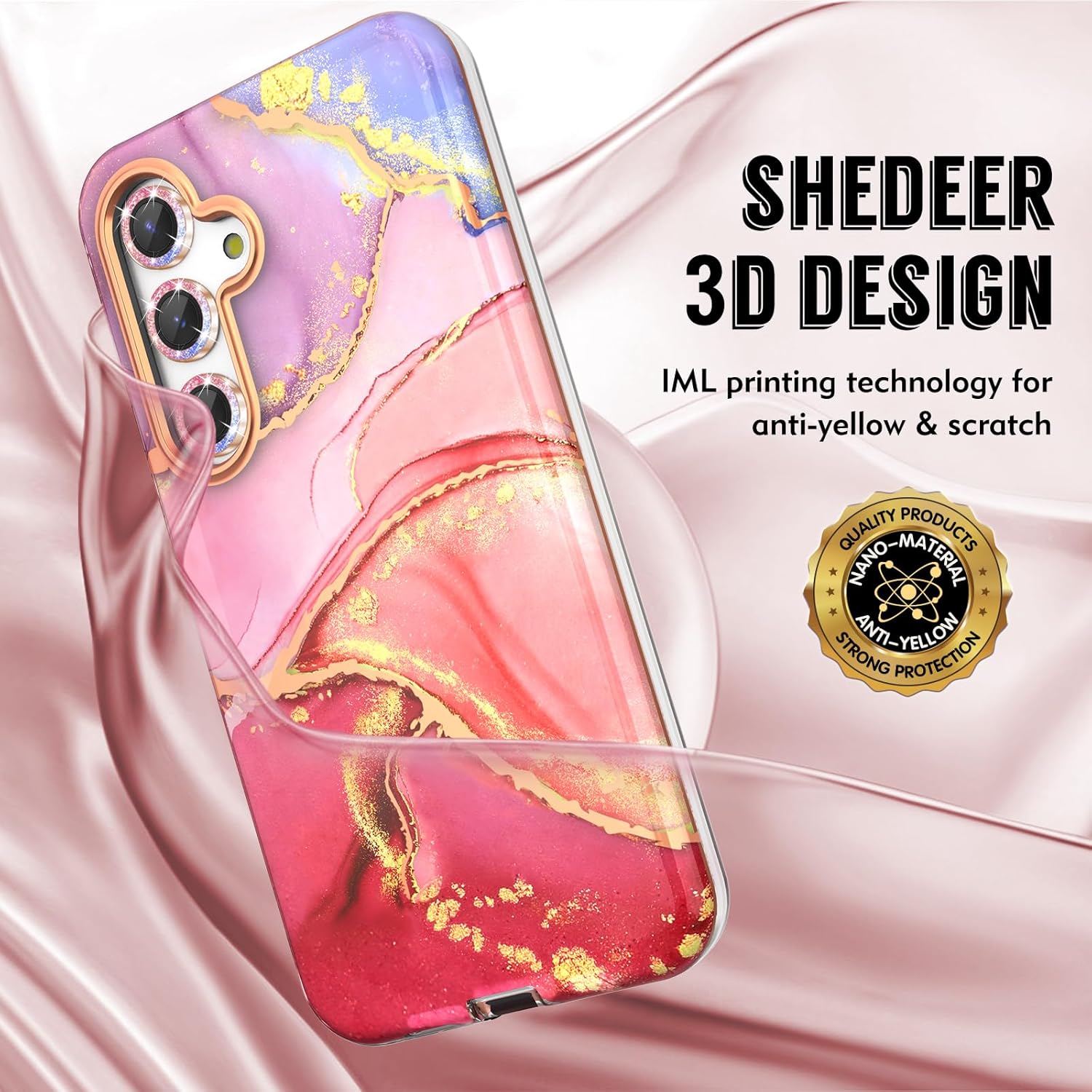 Thumbnail 2 de SHEDEER Samsung Galaxy S24 Hülle mit Glitzer Kameraschutz & Displayschutz – Marmormuster, TPU Stoßfest