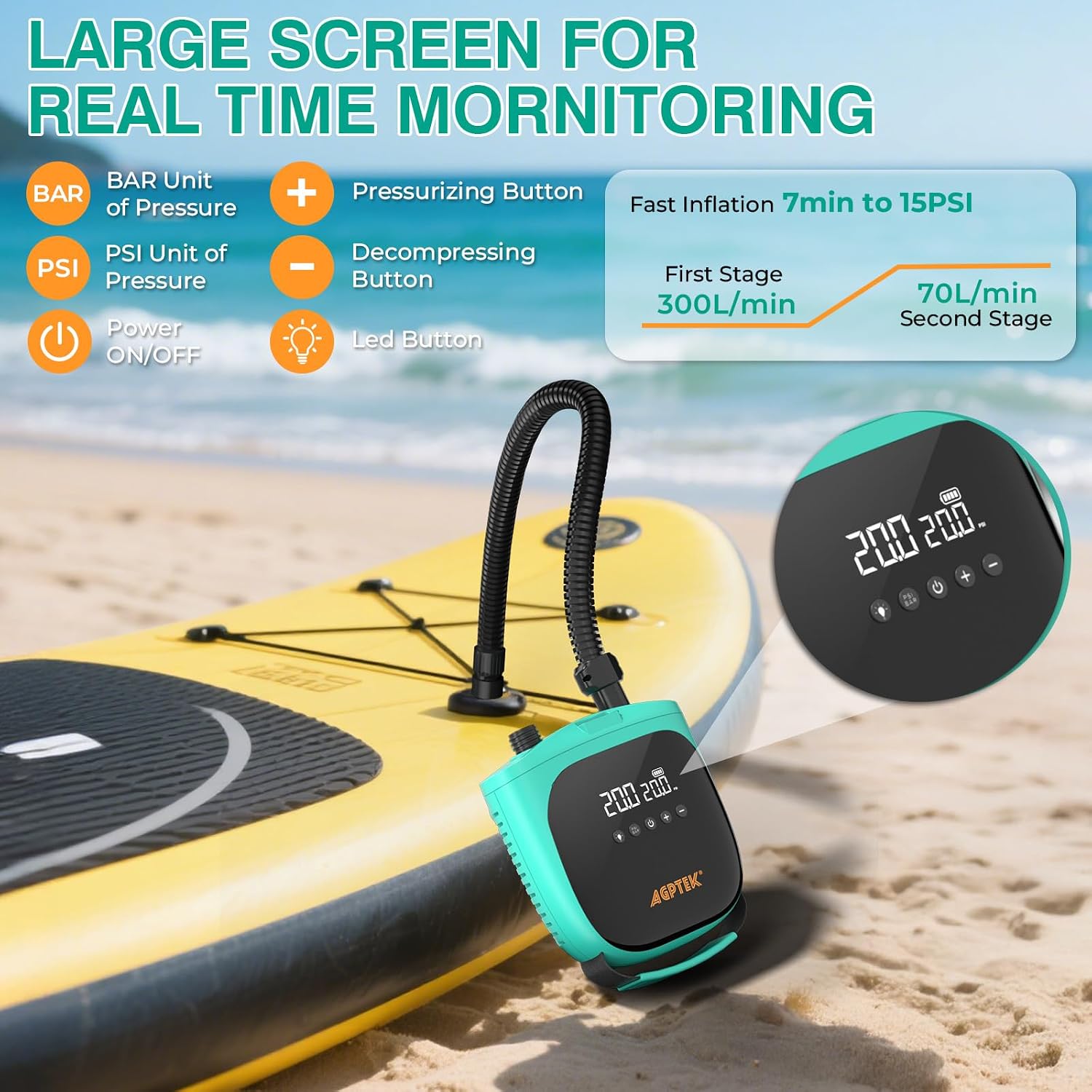 Detalle 2 de AGPTEK Paddle Board Pump: 4000mAh Battery, 20 PSI, Car-Charger Power for Inflatable SUPs
