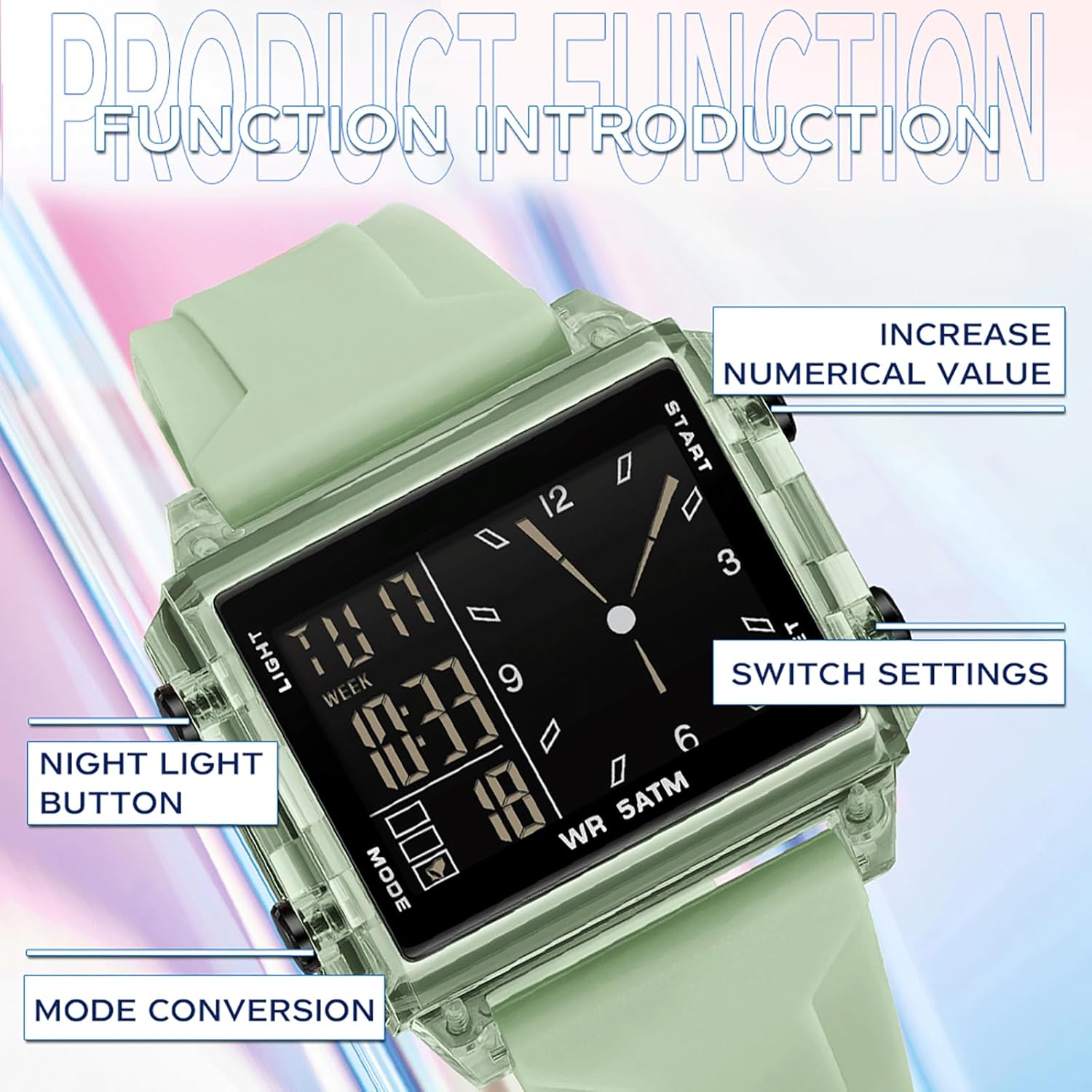 Detalle 2 de findtime Rechteckige Armbanduhr Sportuhr – Hybrid aus Digital- und Analoganzeige mit Silikonarmband