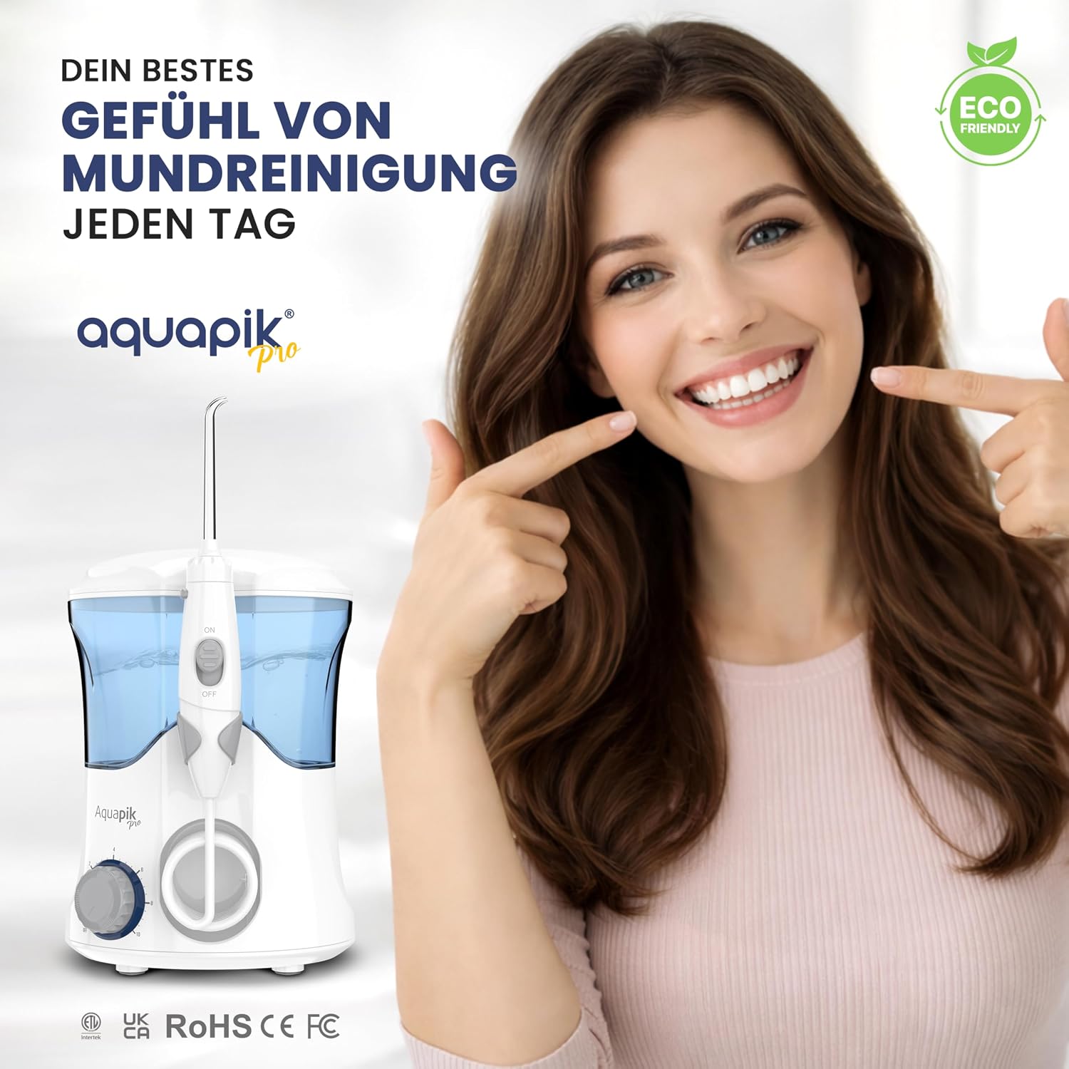 Detalle 2 de Aquapik PRO Munddusche mit Precision Pulse Technologie – gründliche Plaque-Entfernung, 8 Aufsätze, 10 Modi