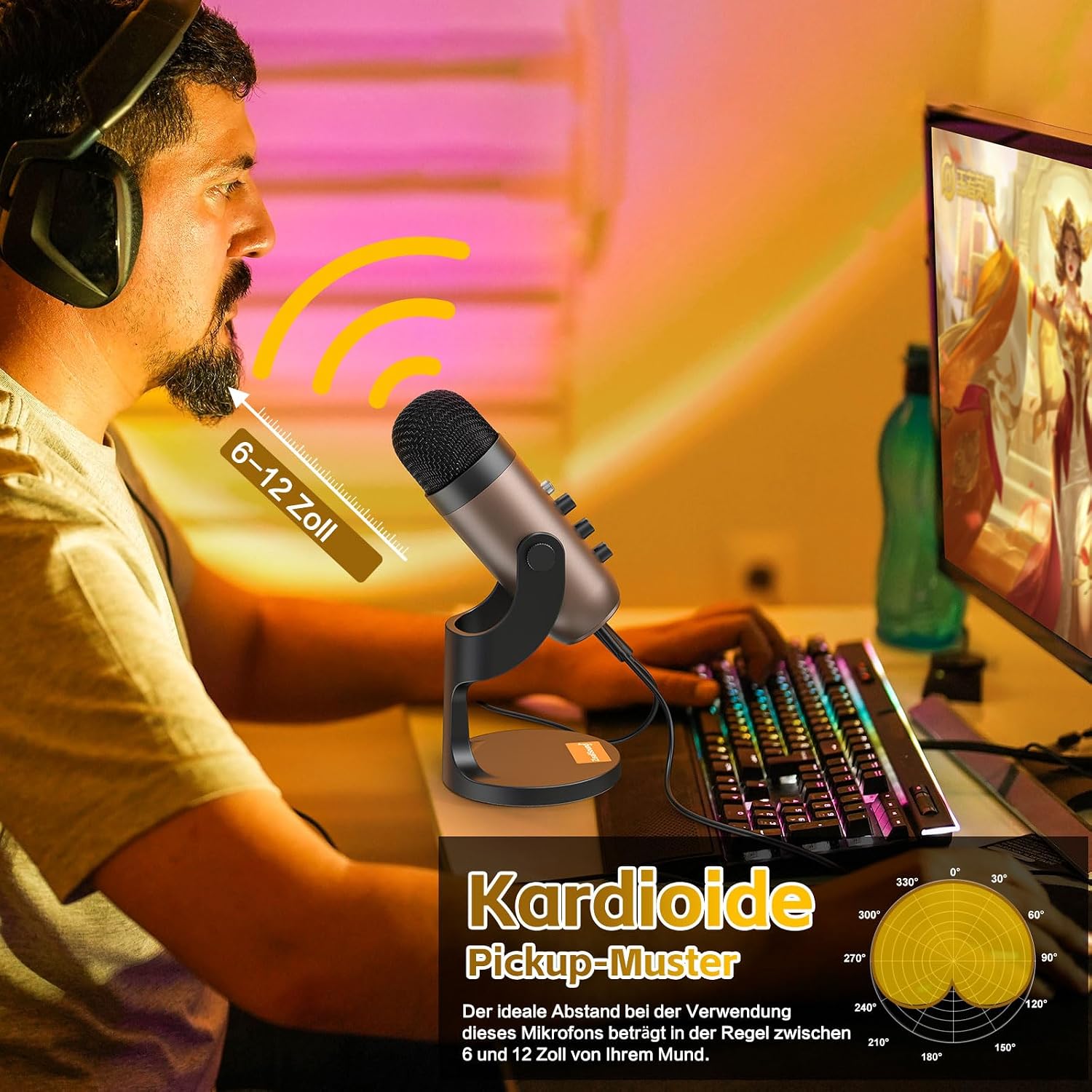 Detalle de ZealSound K66 USB Kondensator-Mikrofon – Gold, Plug & Play für PC, Laptop, Handy