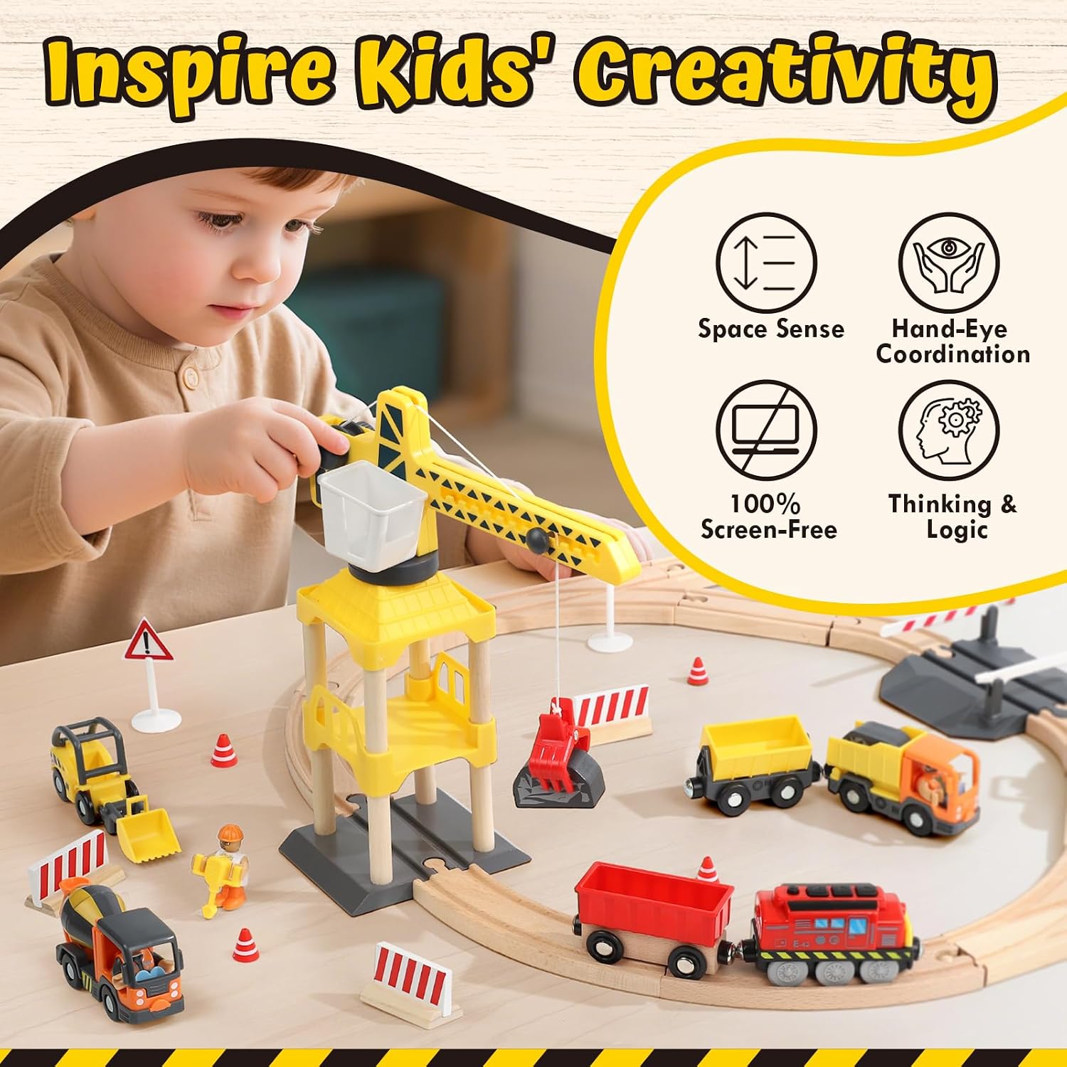 Thumbnail 1 de Lehoo Castle 68pc Toddler Construction Train Set with Crane (Wooden Railway Toy, ages 3+)