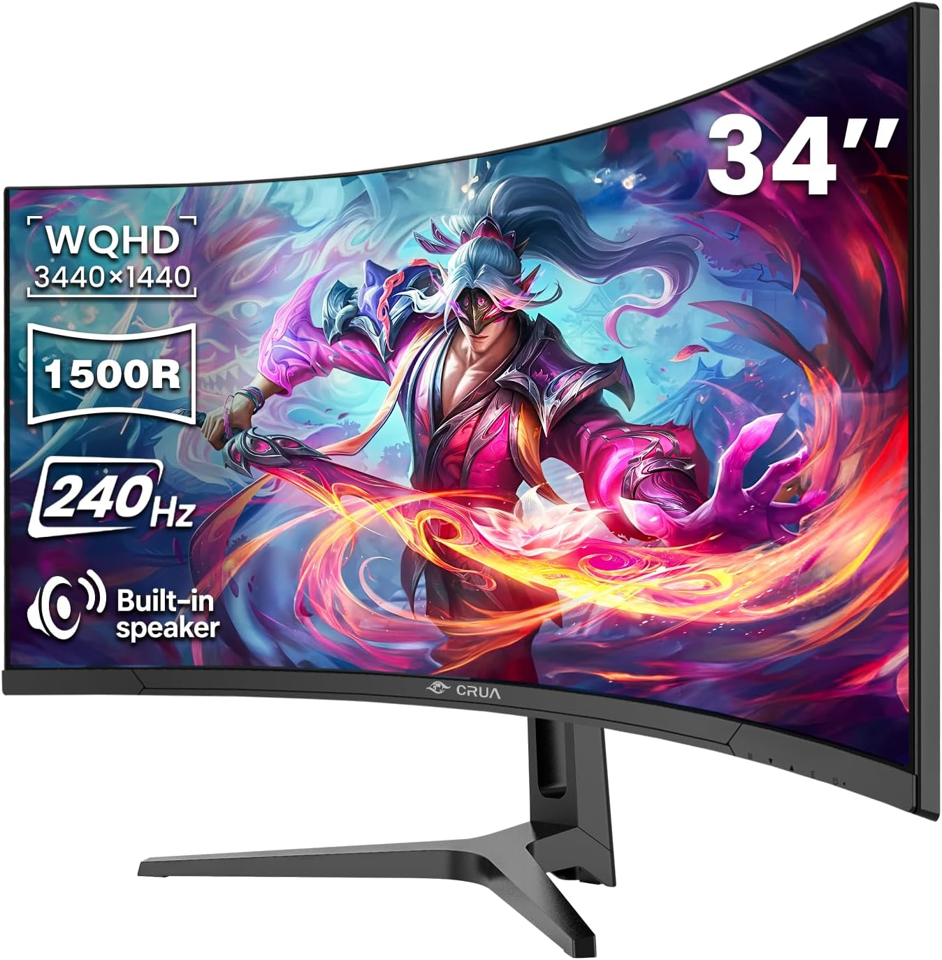 CRUA 34" WQHD 240Hz Ultrawide Curved Gaming Monitor (1500R) with FreeSync, Built-In Speakers, and HDMI 2.1/DP 1.4