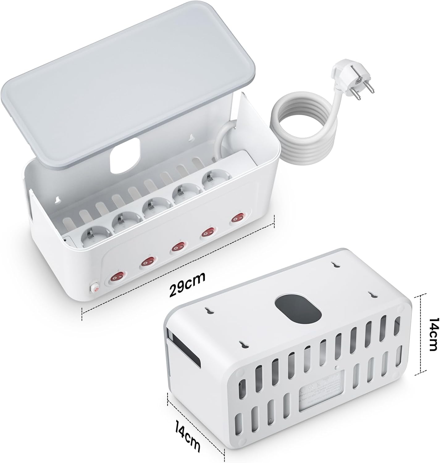 Thumbnail 6 de Ciabatta multipresa USB con scatola porta cavi e 5 prese Schuko (interruttori indipendenti) – Bianco, cavo 1,5 m