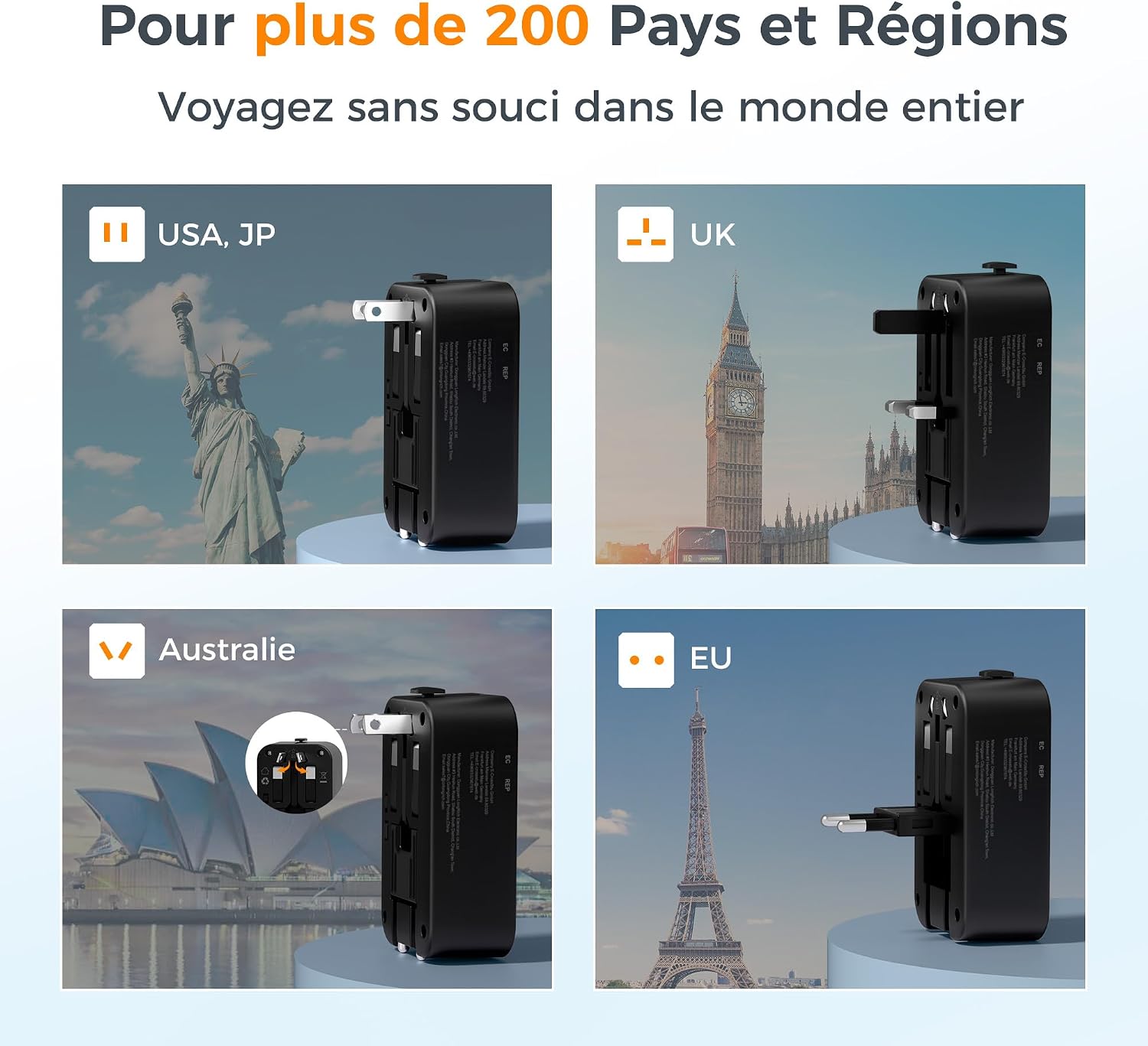 Detalle de TESSAN Adaptateur Prise Universelle PD 20W — Voyage 4-en-1 avec 2 USB-C et 1 USB-A