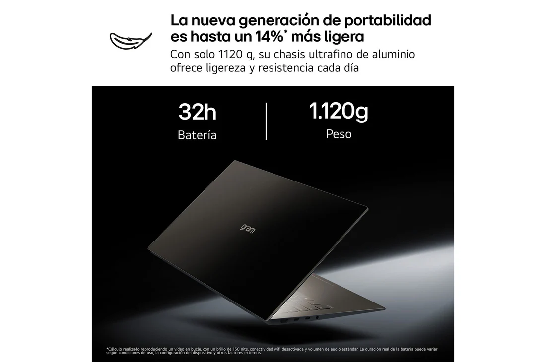 Detalle de LG gram 14Z95U-G.AS55BN: portátil ligero 14” con Windows 11 y batería de 32 h