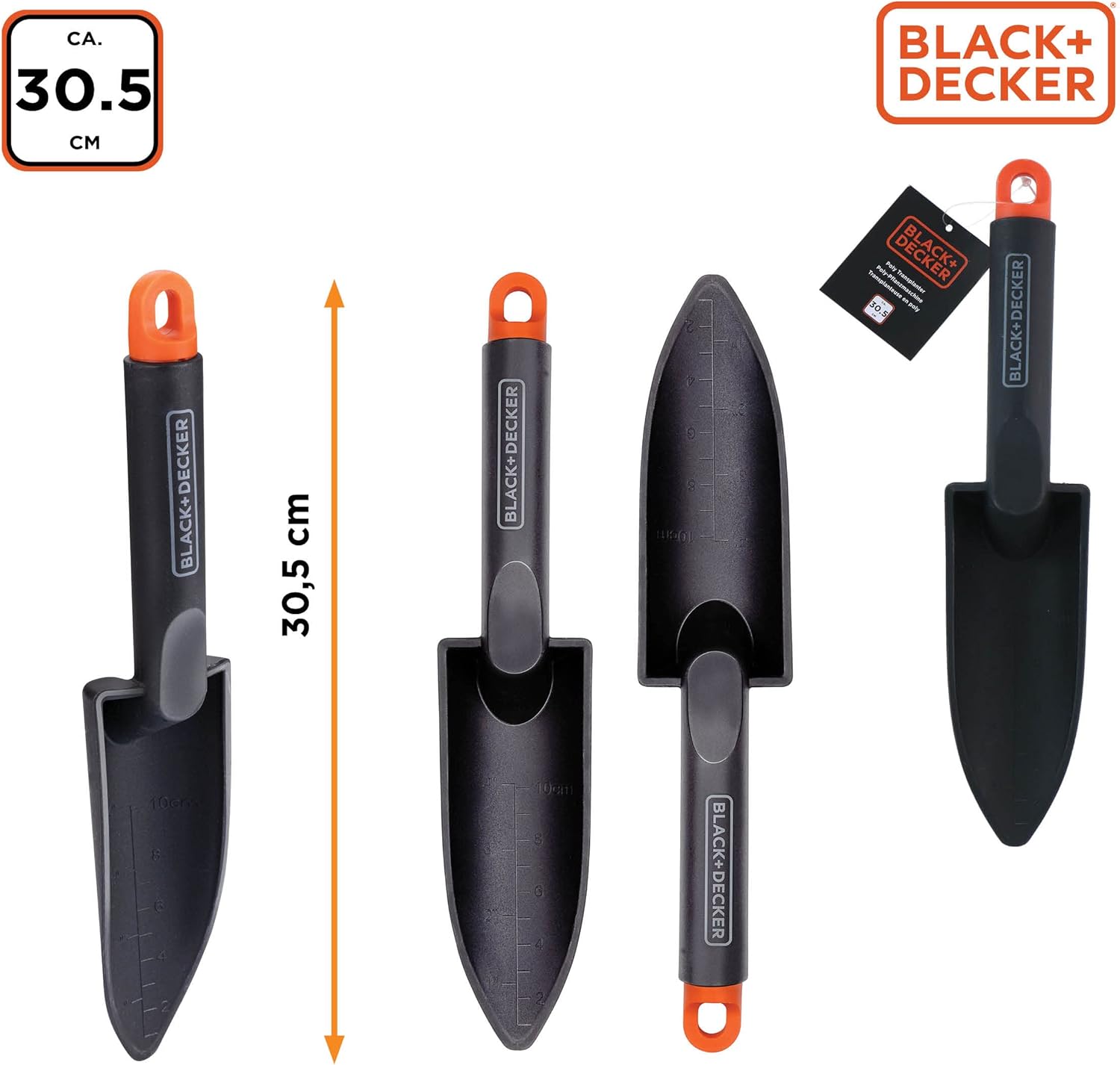 Detalle de BLACK+DECKER Pala da giardino con scala di misurazione, 30,5 cm – PP, Nero/Arancione