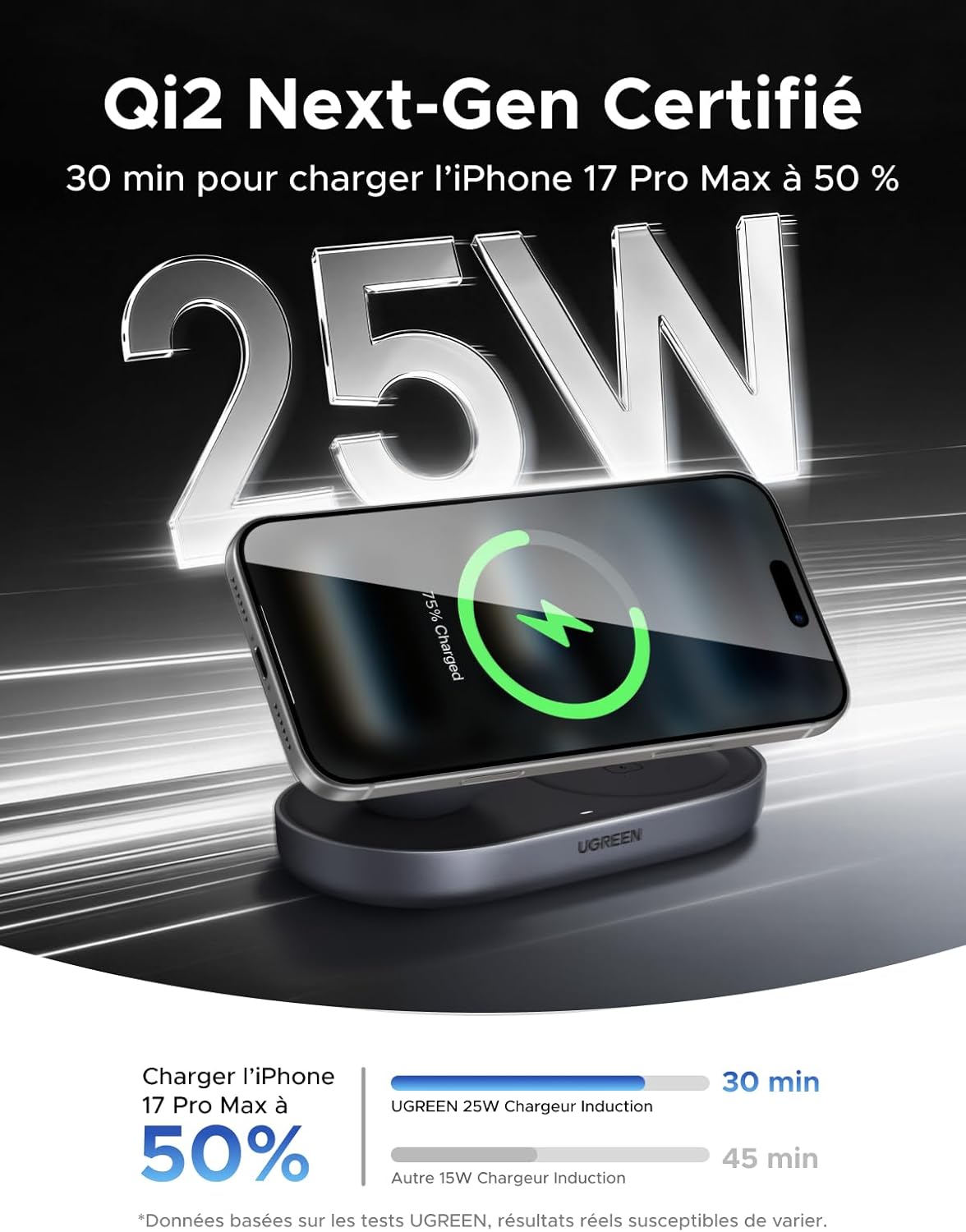 Detalle 2 de UGREEN Zapix Chargeur Induction iPhone Qi2 25W (2 en 1) compatible MagSafe