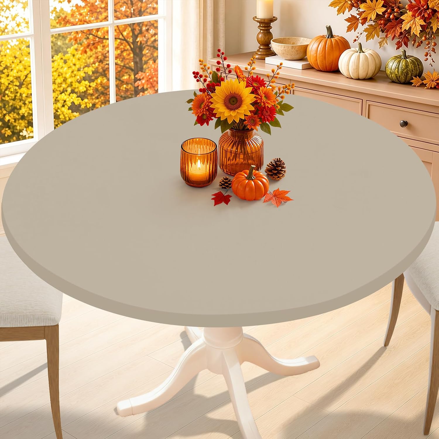Detalle de Smiry Round Spandex Tablecloth (Taupe) – Elastic Fitted, Waterproof & Washable for 45"–56" Tables