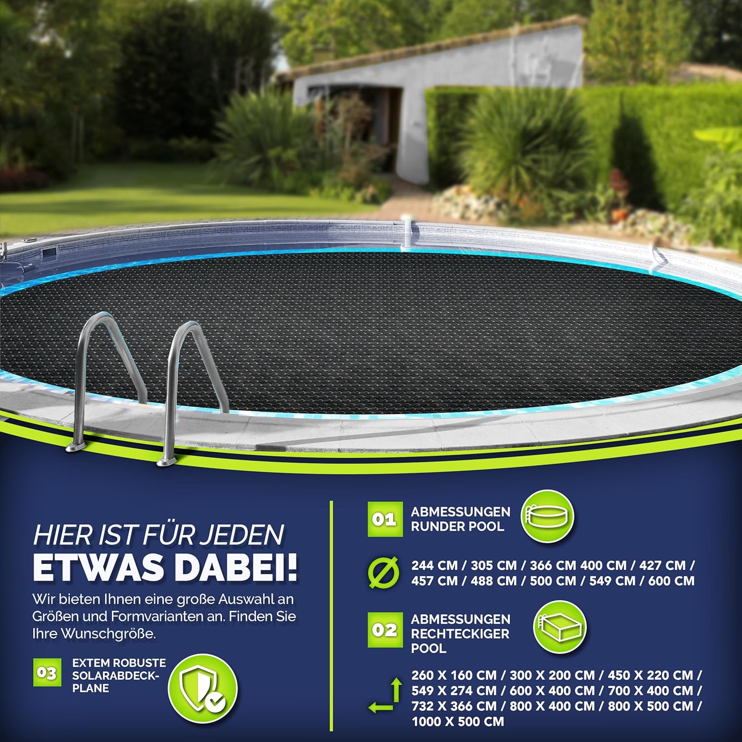Detalle de tillvex Pool Solarabdeckplane – Rund & Rechteckig, 1000x500 cm, 120 µm, Schwarz