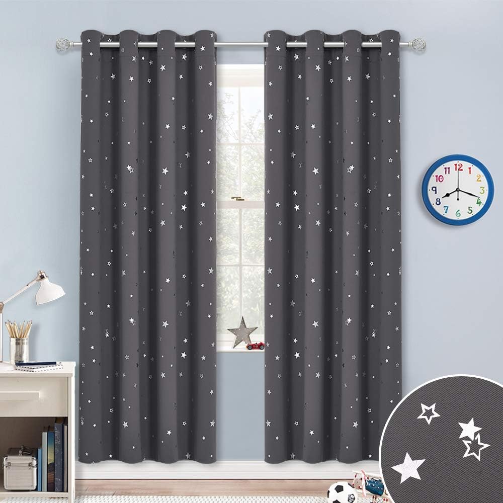 Detalle de PONY DANCE Kids Blackout Curtains W46 x L72 – Nursery thermal stars eyelet panels in purple (2-pack)