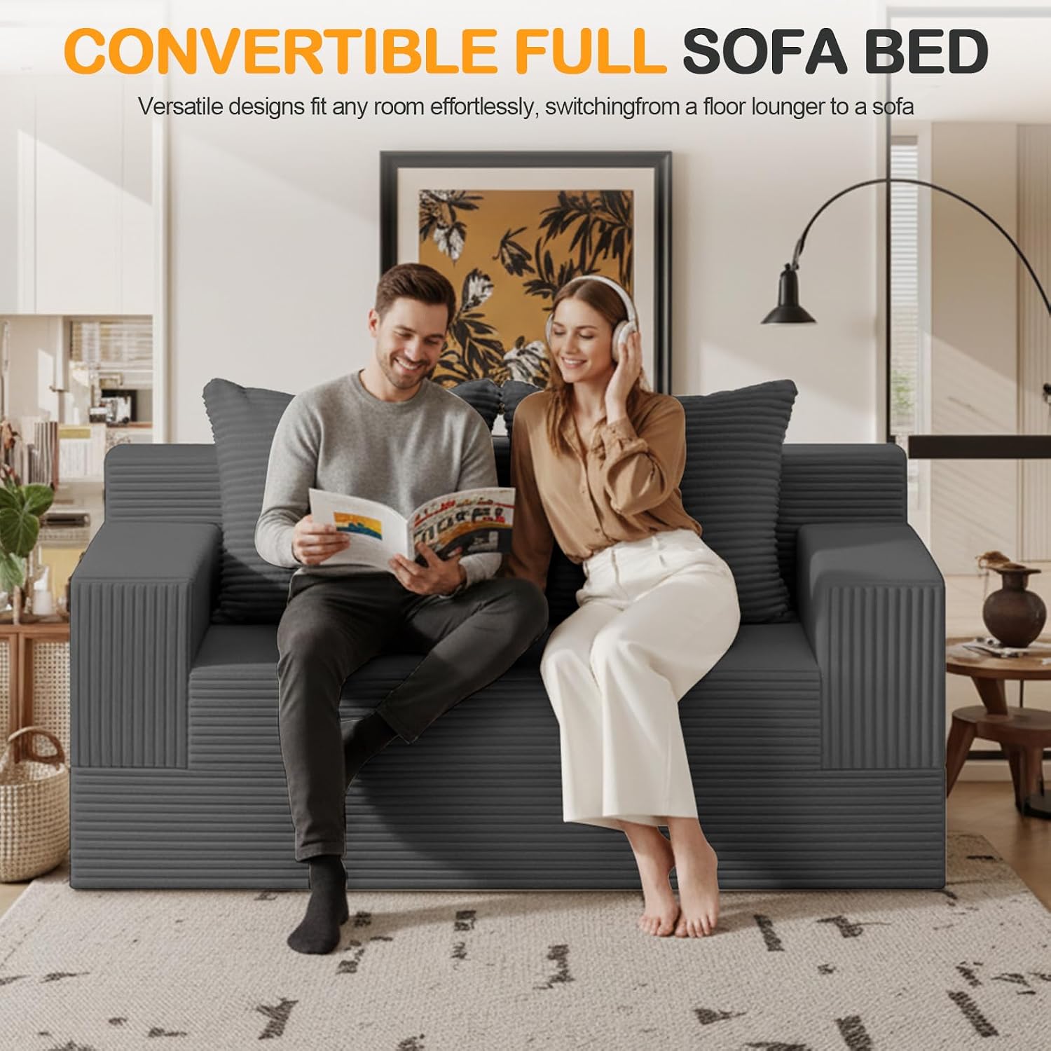 Thumbnail 6 de Erament Convertible Sofa Bed Loveseat, Gray Corduroy, Folding Memory Foam