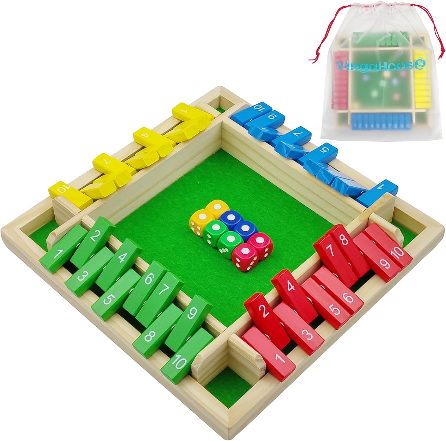 Detalle de VingaHouse Shut the Box Game for 4 Players (wooden family travel dice board game)