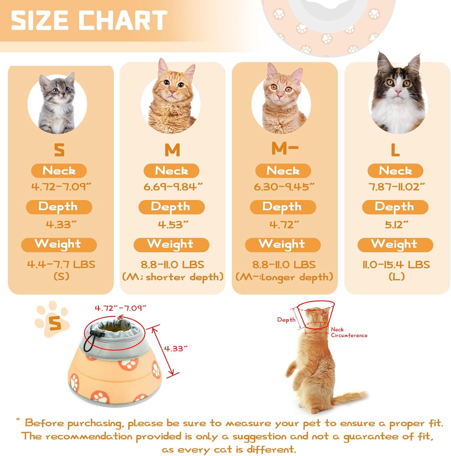 Detalle 2 de Supet Cat Cone Collar Soft, Adjustable Cat Recovery Collar (Orange, S) for Kittens, Puppies and Small Dogs