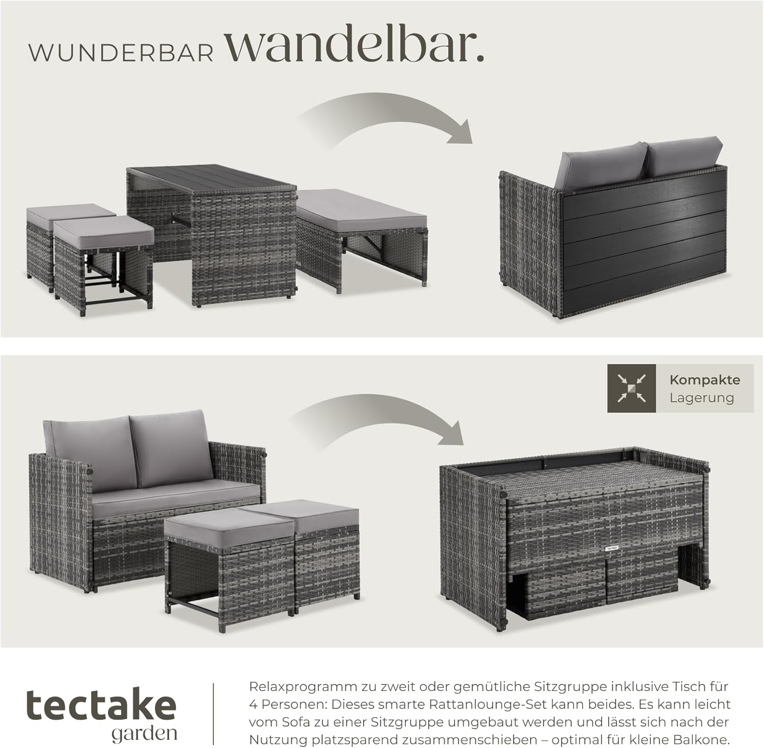 Thumbnail 4 de TecTake 2in1 Rattanlounge für 4 Personen – Set mit Tisch, grau