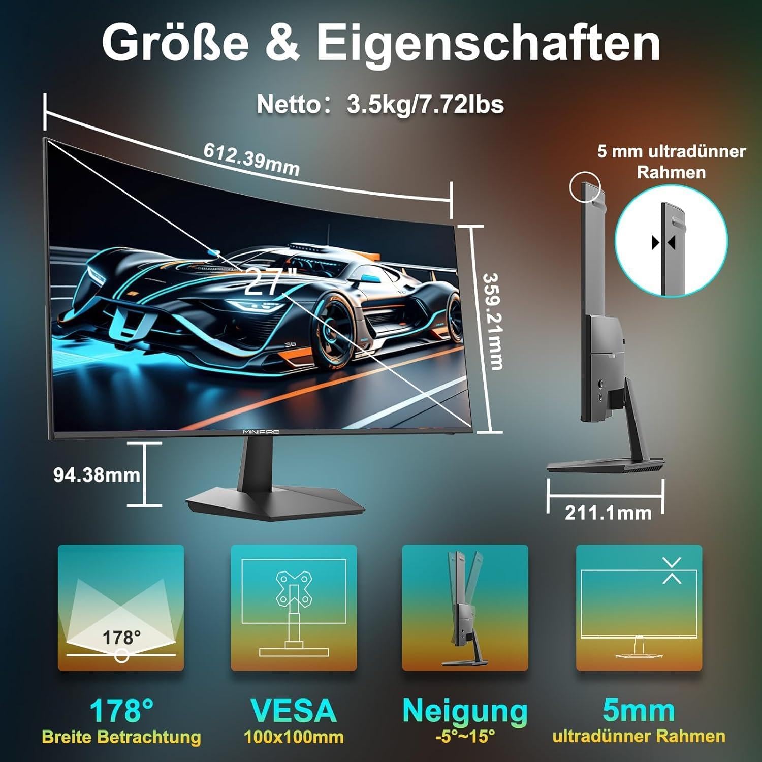 Thumbnail 6 de Minifire Curved Monitor 27" 100 Hz PC-Bildschirm