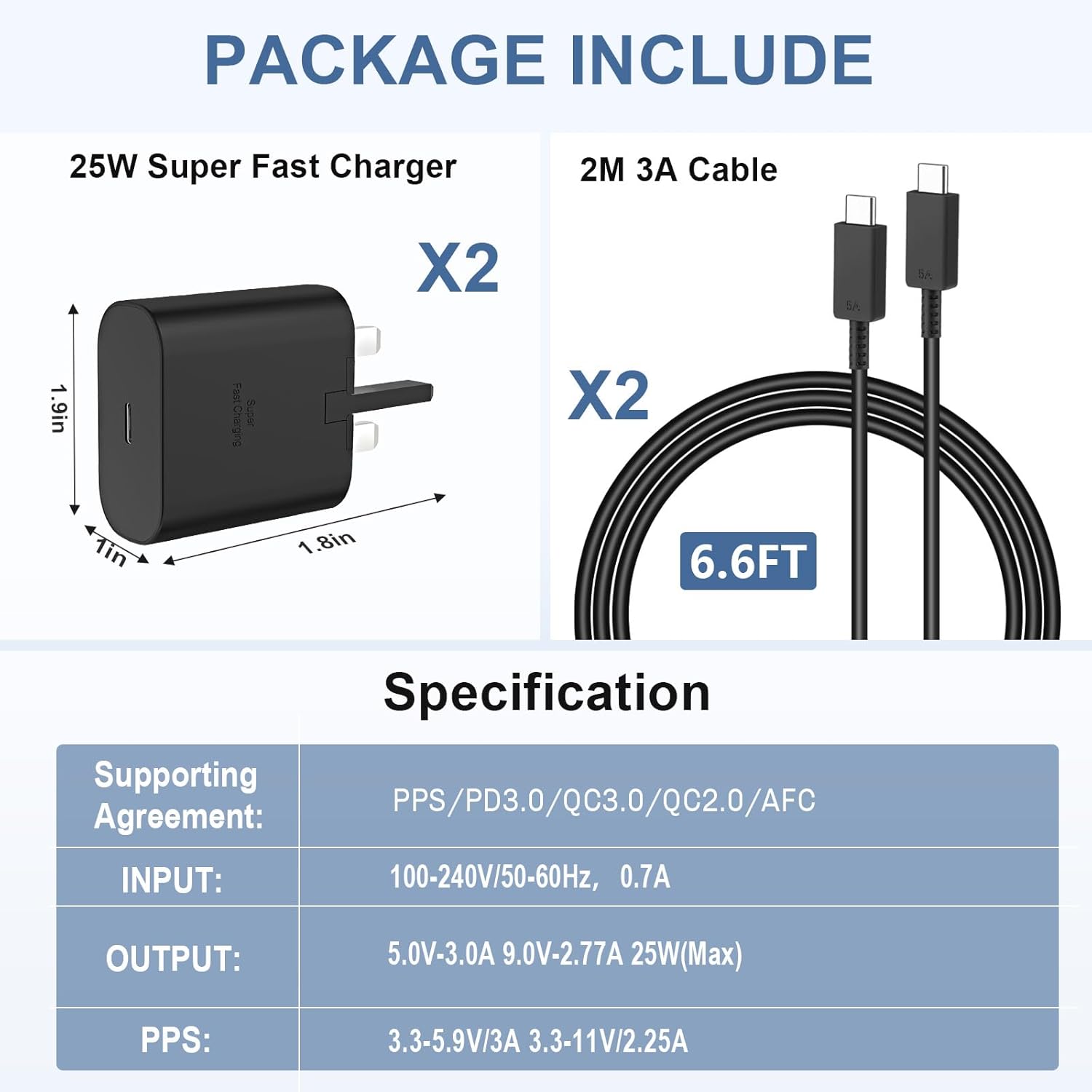 Detalle de 2-Pack 25W USB-C Fast Charger with 2m Cable for Samsung Galaxy S25/S24 Series