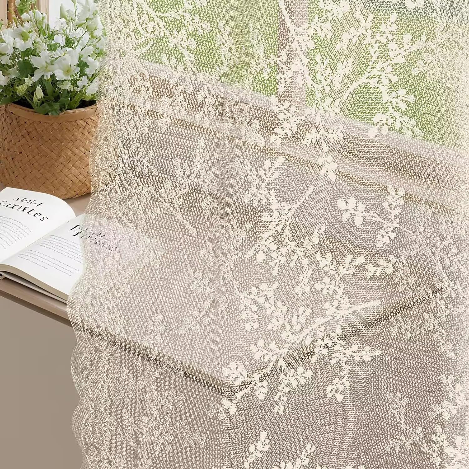 Detalle de YSTELLAA rideaux semi-transparents en voilage, lot de 2 pièces 70x240 cm, pour tringle passe-tringle (beige)