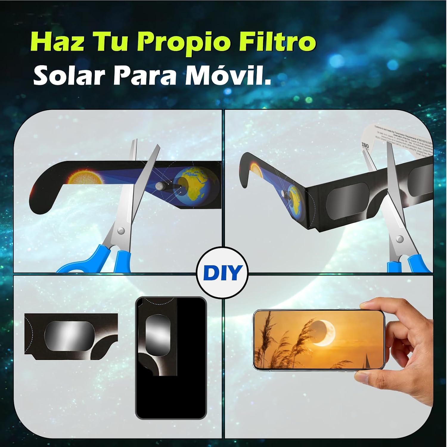 Detalle de QIWEI Gafas para eclipse solar QW-SOZ4 (pack de 4), certificadas EN ISO 12312-2
