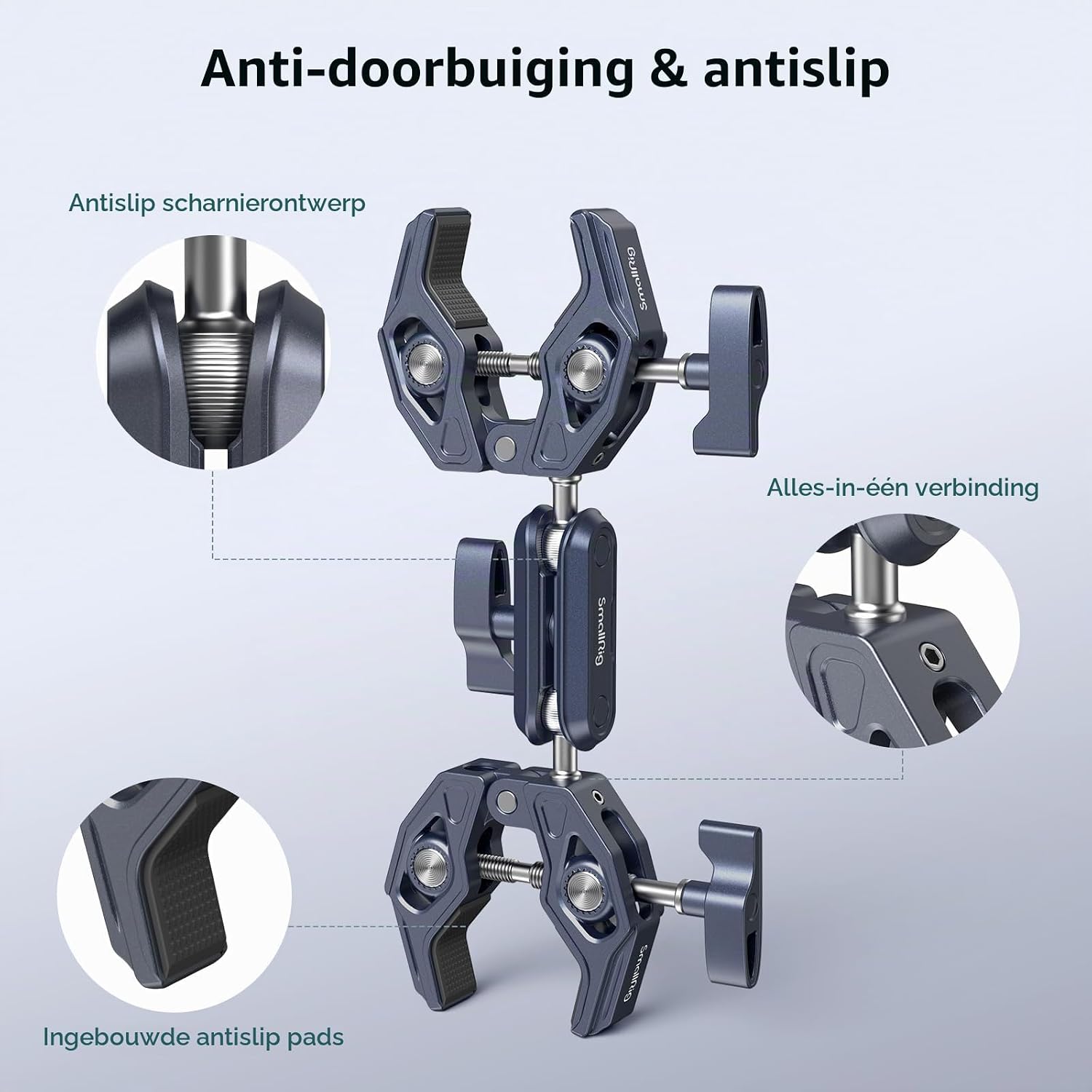 Detalle de SMALLRIG 4103B dubbele superklem met 360°-kogelkoppen en verstelbare klemmen