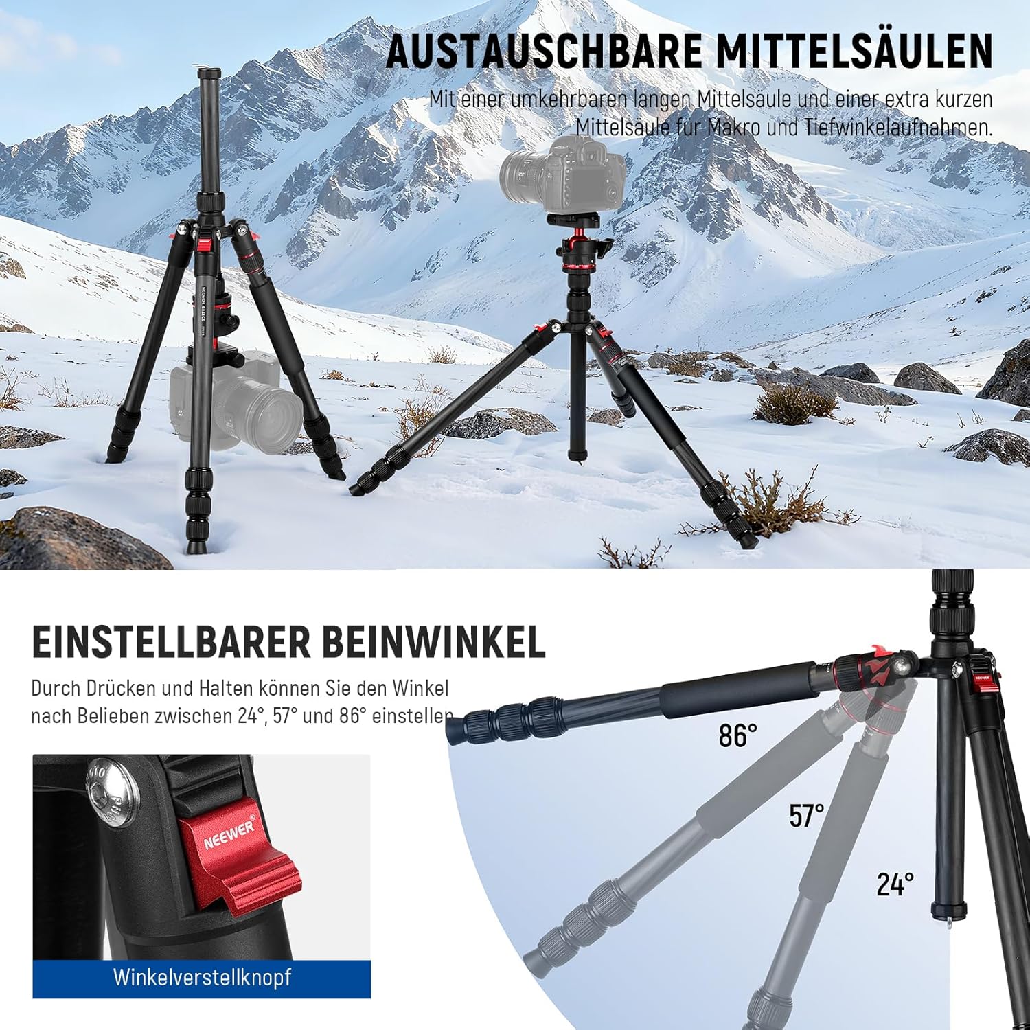 Detalle 2 de NEEWER Basics Carbonfaser Reisestativ Einbeinstativ 64" – kompakt, leicht, kompatibel mit Smartphone und DSLR