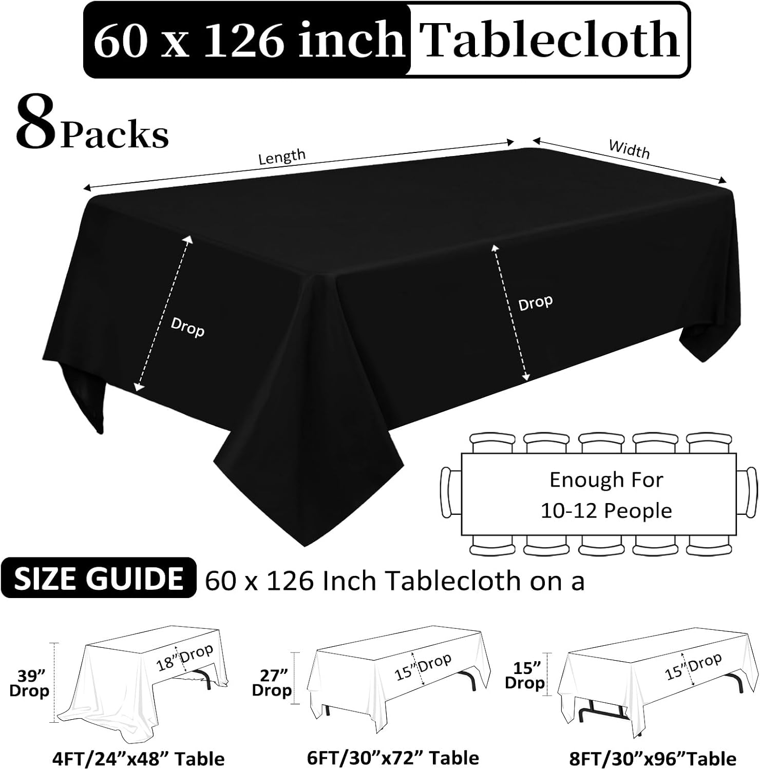 Thumbnail 1 de Heneger 8-Pack Black Tablecloths (60 x 126 Inch) for 8ft Rectangular Tables, Wrinkle-Resistant Polyester