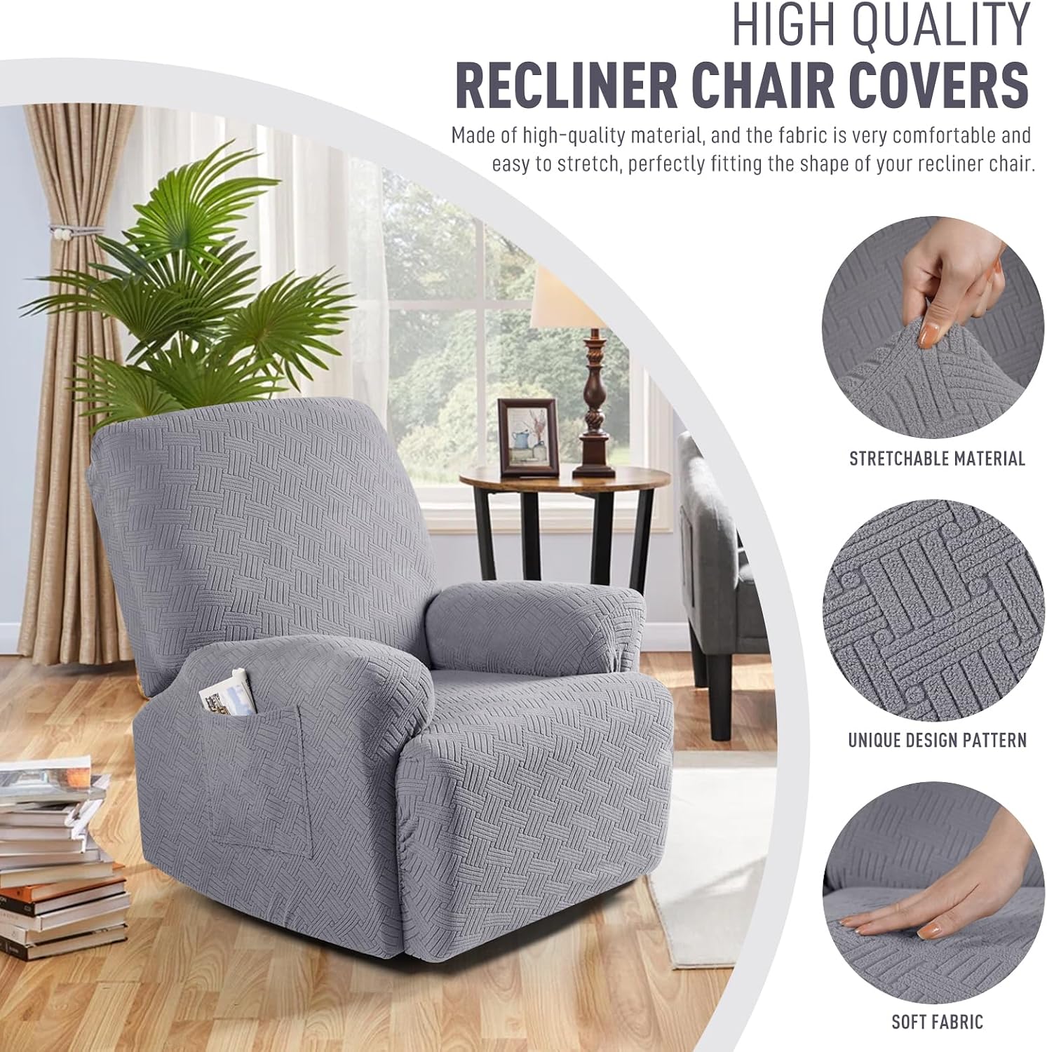 Detalle 2 de KinCam Oversized Recliner Chair Cover, Light Gray Stretch Fit, 1XL