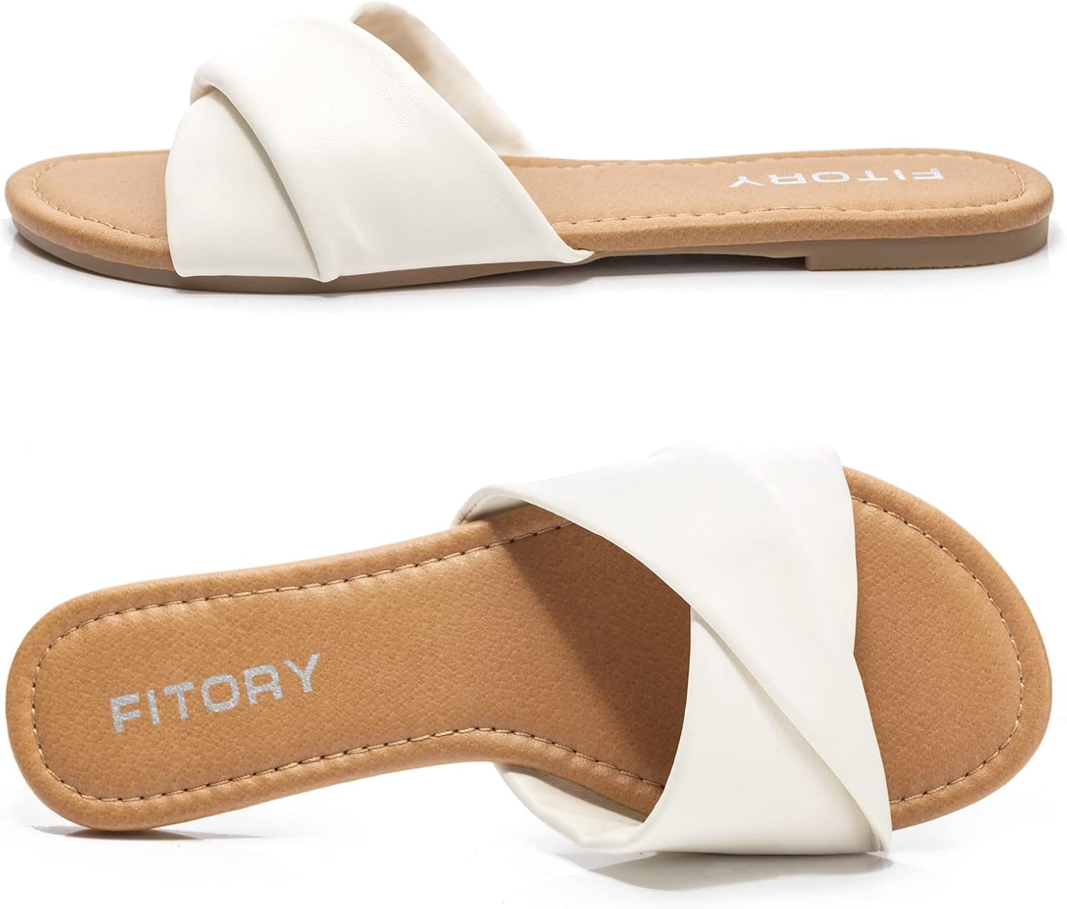 Detalle de FITORY Women's Flat Sandals Fashion Slides with Soft Leather-Look Comfort, Summer Size 6-11
