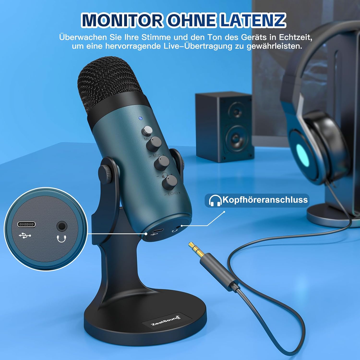 Detalle de ZealSound K66 USB Kondensator-Mikrofon – Plug & Play für PC, Laptop, Handy inkl. Rauschunterdrückung, Mute, Gain & Echo