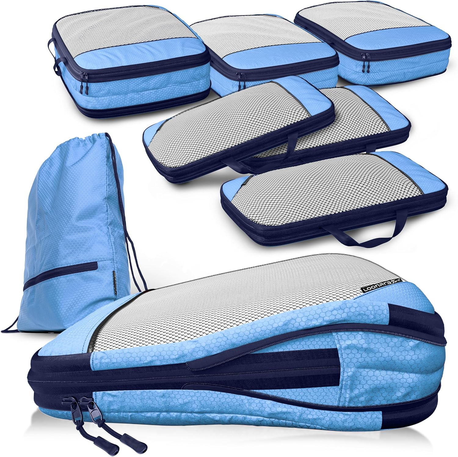 LOONARA Sacchetti compressibili per valigie e zaini – 7 pezzi, Cubi compressibili per viaggio (Azzurro Mariner Blu)