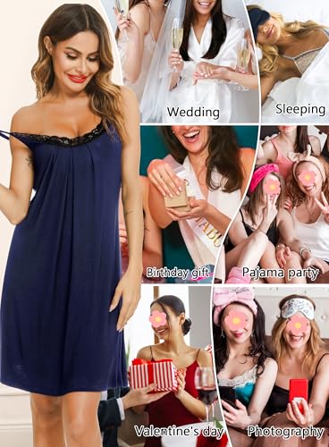 Detalle de Lovasy Camisón de Mujer Verano con Encaje en V, Tirantes Ajustables y Modal Suave – Azul Marino, talla L