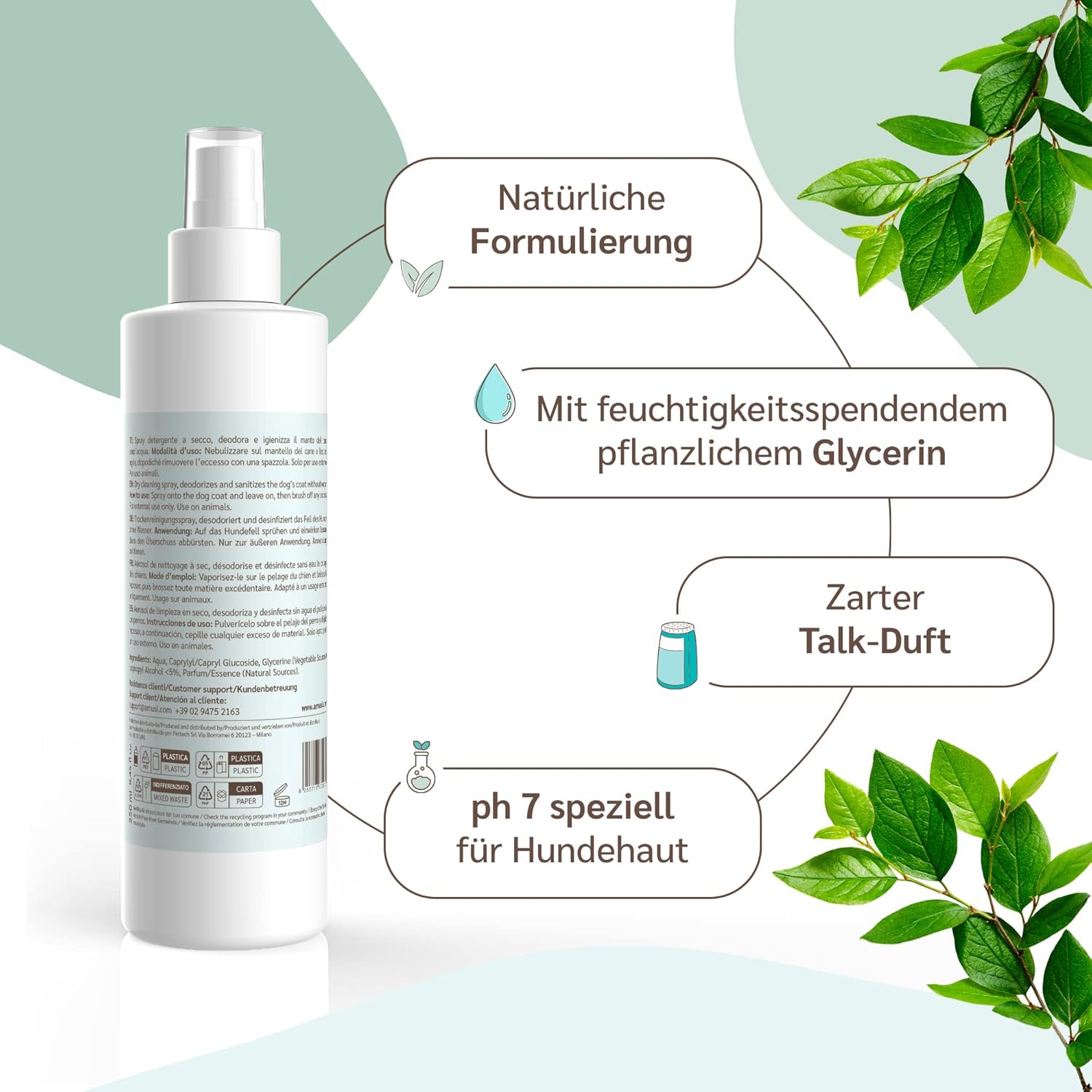 Detalle de amusi Spray für Hunde 250 ml – Flohshampoo gegen Juckreiz, pH-neutral, vegan und Made in Italy