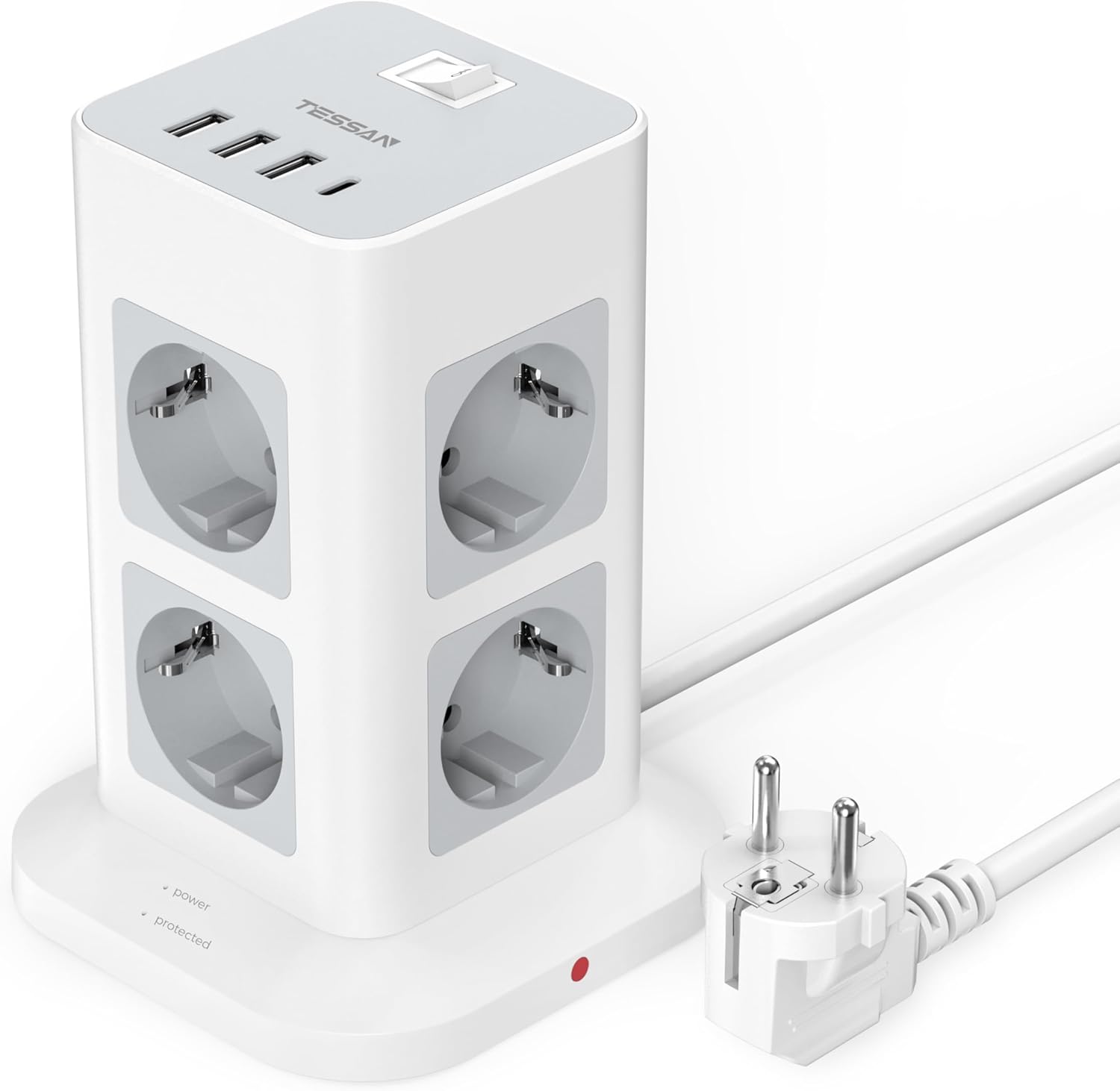 TESSAN Tour Multiprise 8 sorties AC avec 4 USB (3A, 1C) et interrupteur — rallonge 2 m, protection surtension, gris