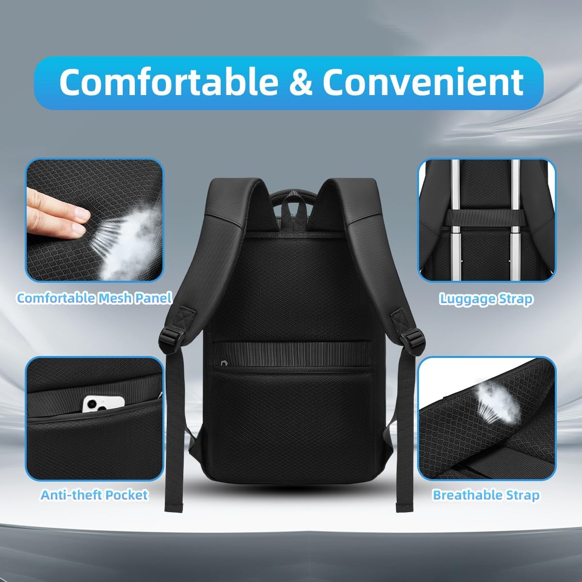 Detalle 2 de GYakeog Business-Rucksack für Herren mit Laptopfach bis 15,6 Zoll, wasserdicht – Schwarz