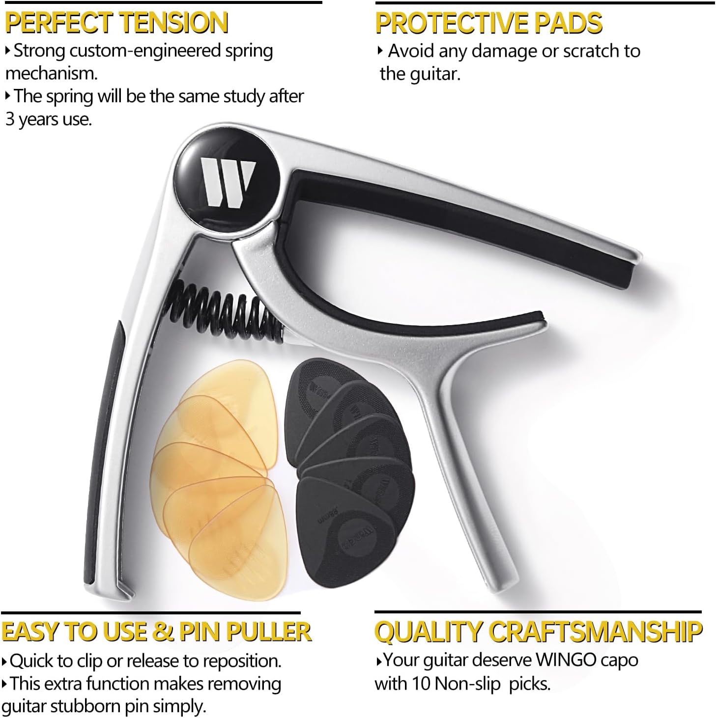 Thumbnail 3 de WiNGO Capo Set for Guitars and More: Silver Capo with 10 Non-slip Picks