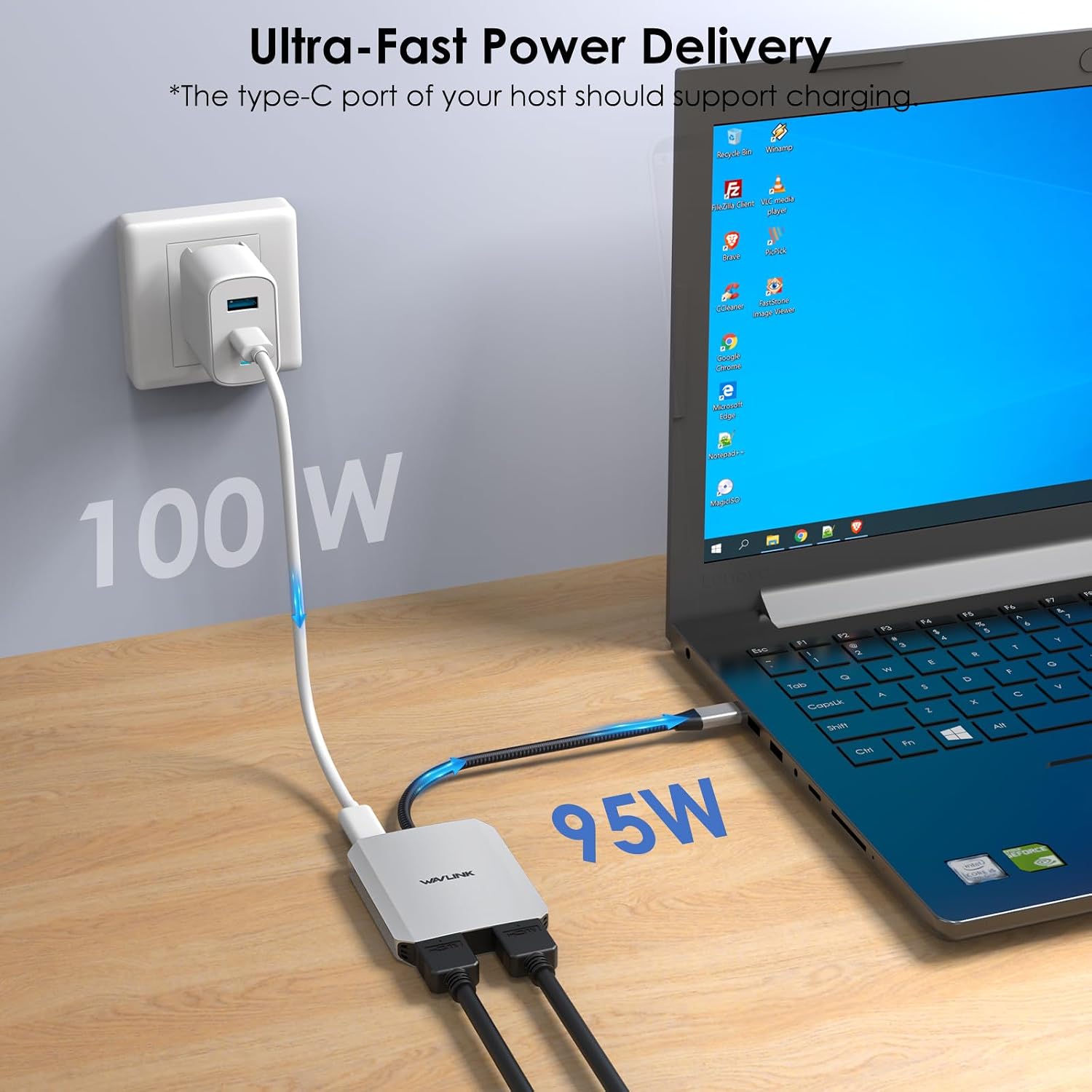 Detalle 2 de WAVLINK Dual USB-C to Dual HDMI Adapter (Dual 4K@60Hz with 100W Power Delivery) for Dell XPS, HP, Lenovo & Thunderbolt 3/4 laptops