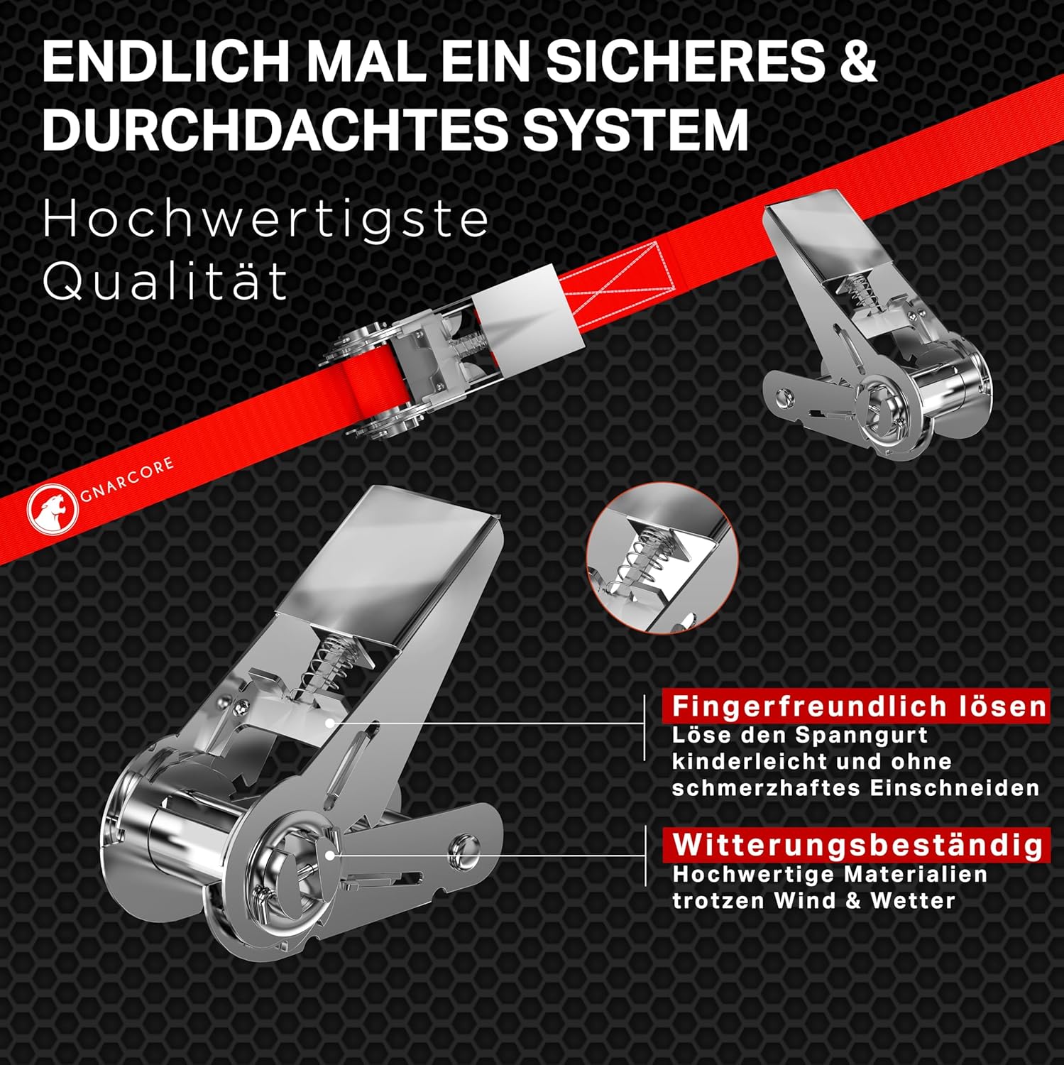 Detalle de Gnarcore wetterfeste Basic Spanngurte mit Ratsche 4 m / 6 m – 300 kg Zugkraft, 25 mm Breite